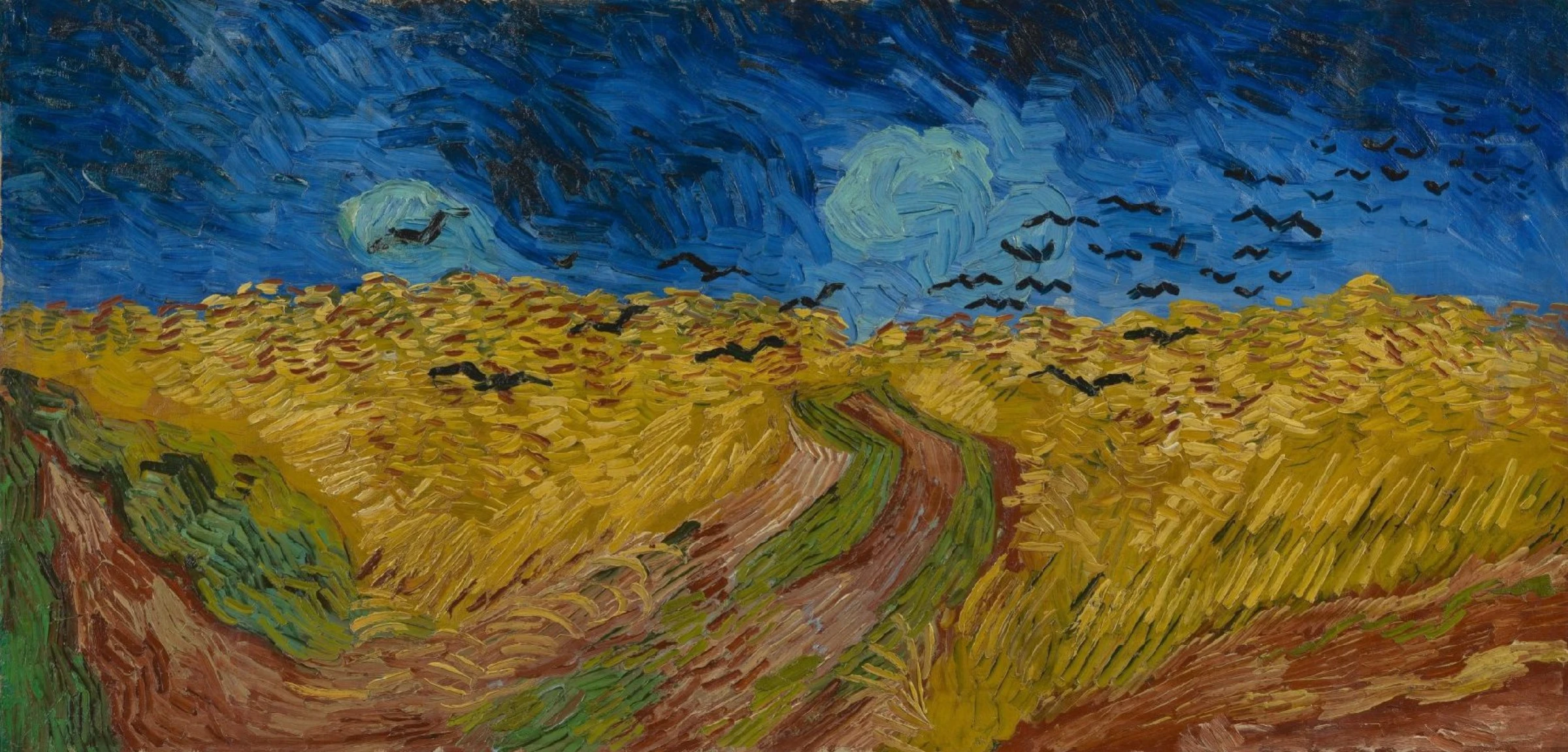 Wheatfield under a dramatic sky in Vincent van Gogh’s late style, from his Auvers period.