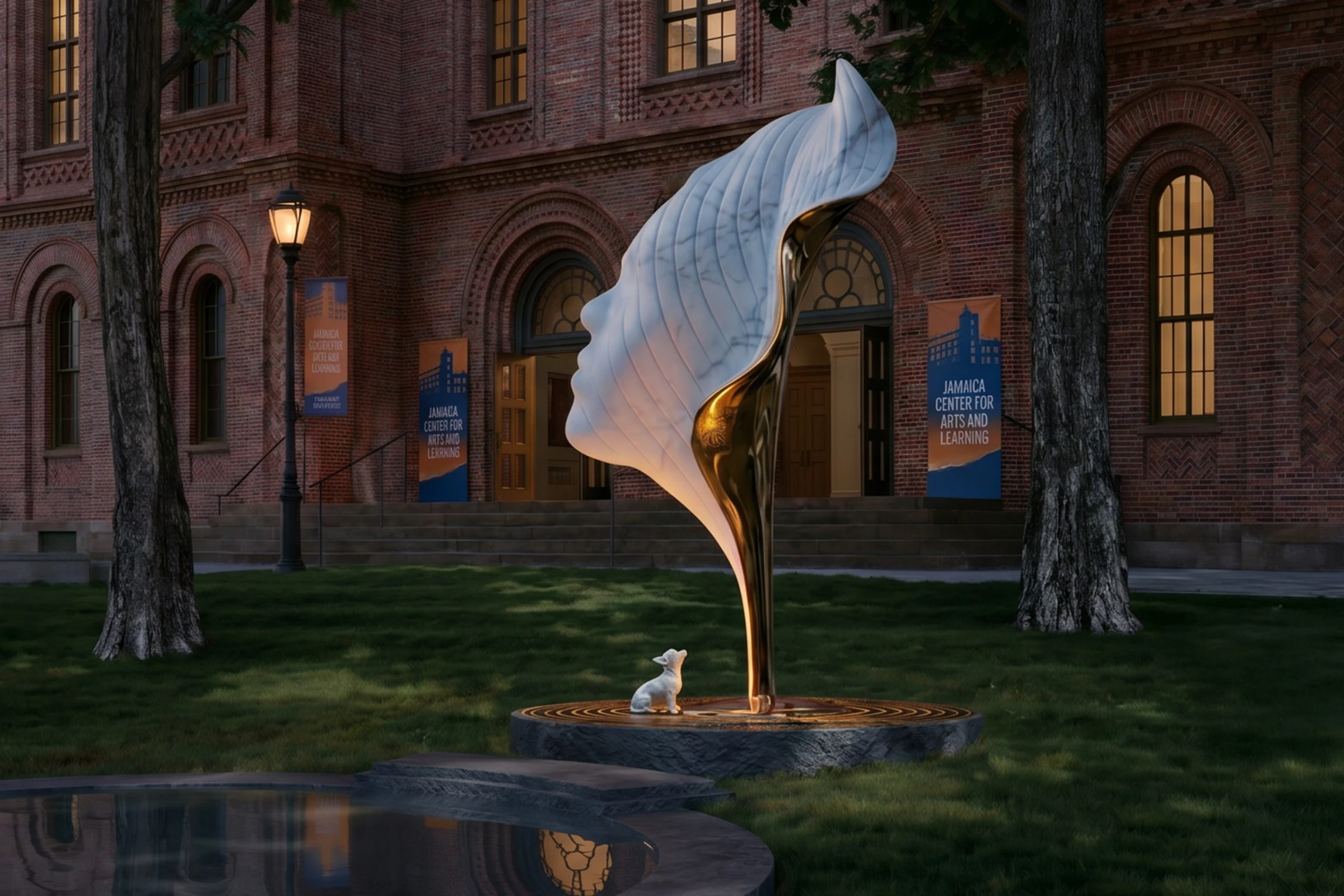 Rendering of Nekisha Durrett's Billie Holiday monument proposal with a white marble profile and seated dog