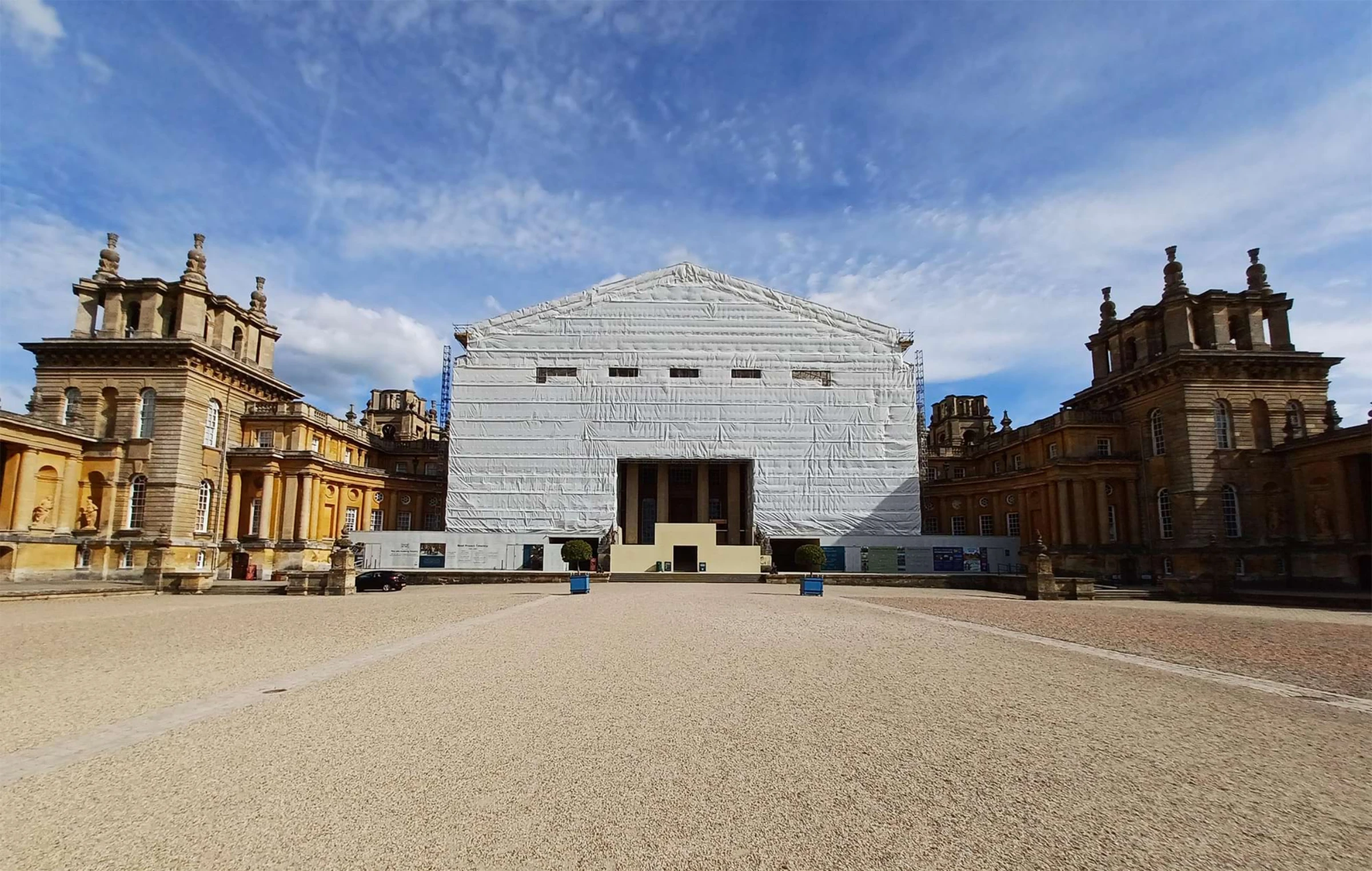 Scaffolding and restoration works along the roofline of Blenheim Palace.
