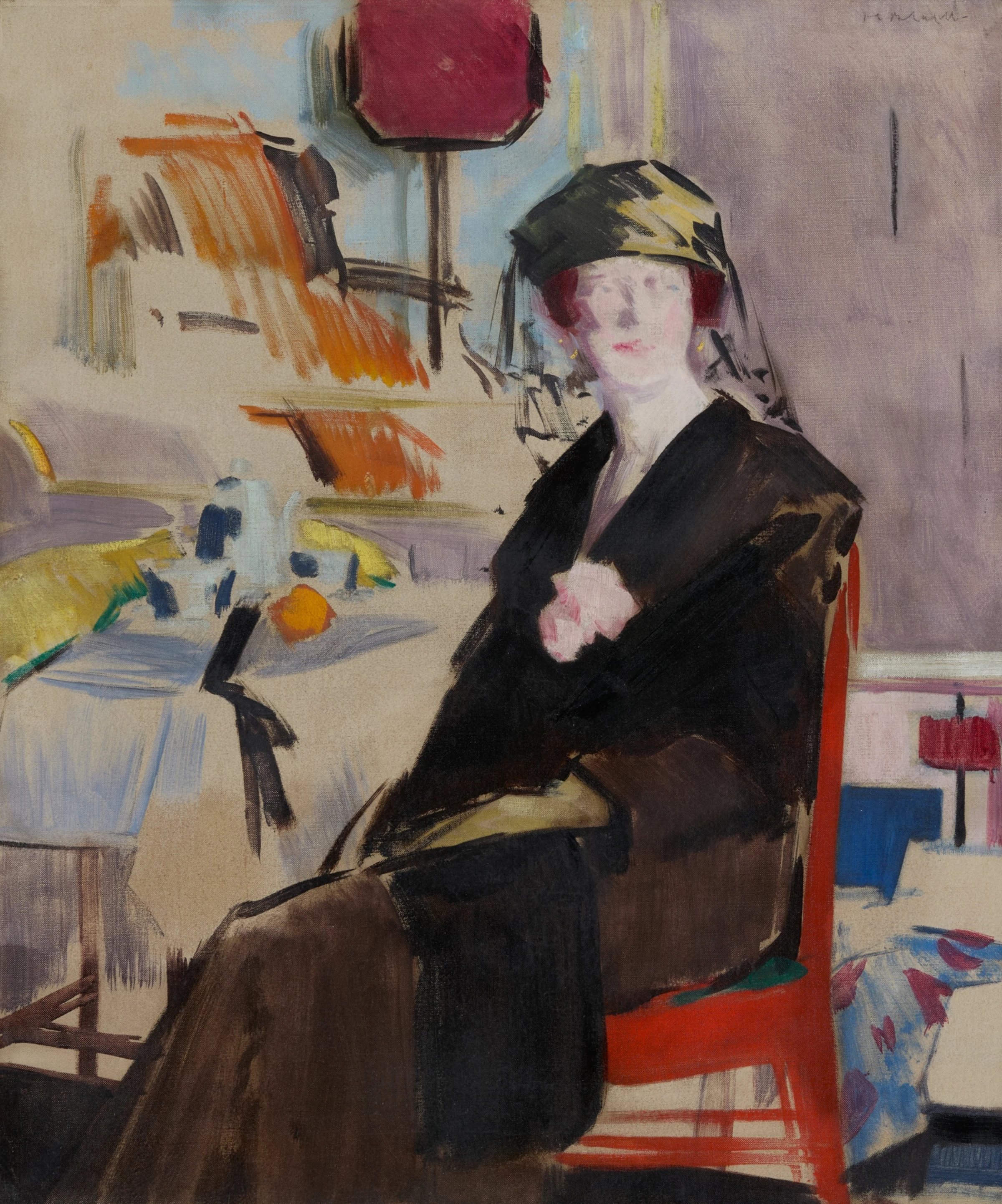 F.C.B. Cadell painting Interior: The Lady in Black showing a seated woman in a refined interior