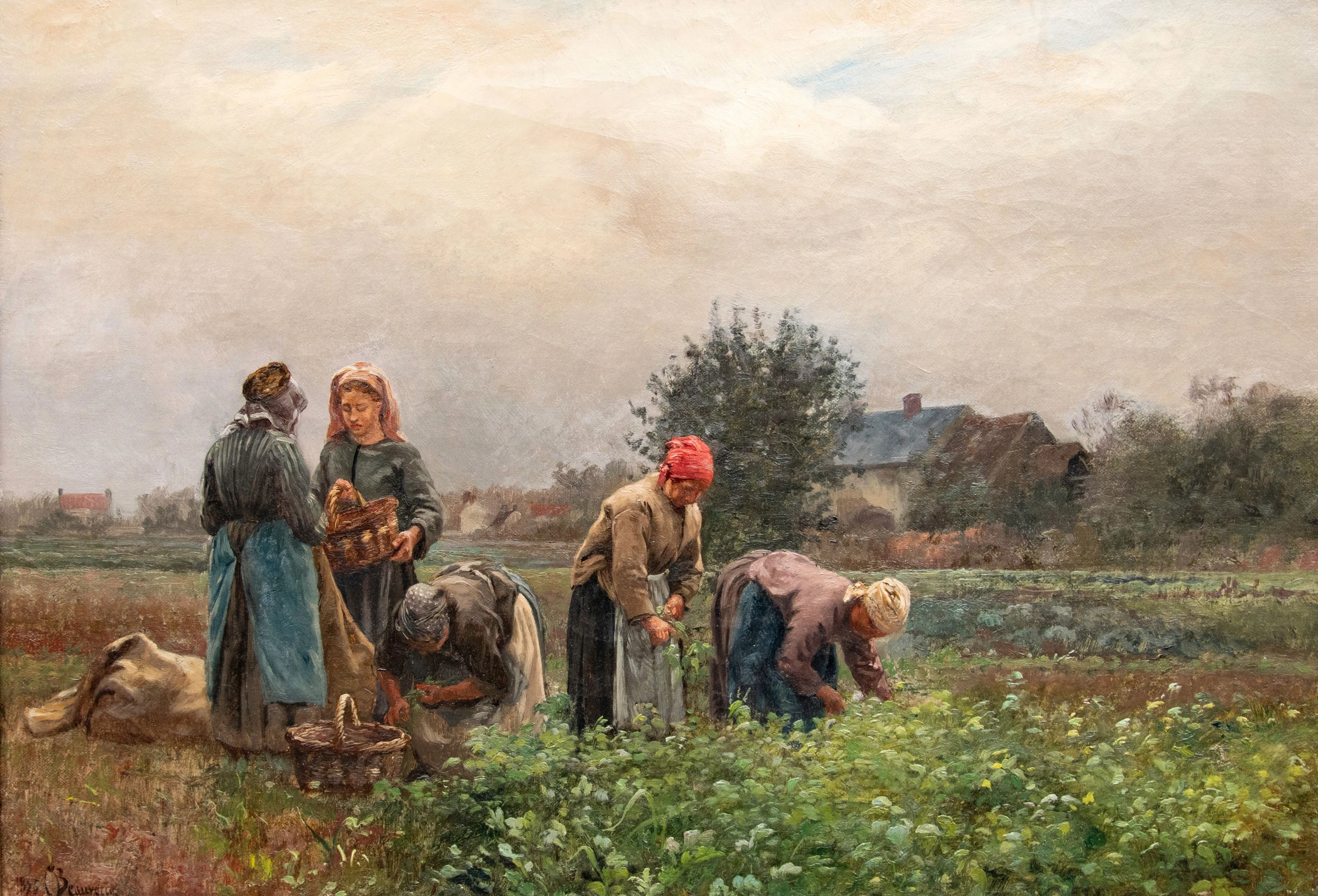 Close view of a Van Gogh study drawing showing peas pickers in a field, one side of a double-sided sheet slated for auction.