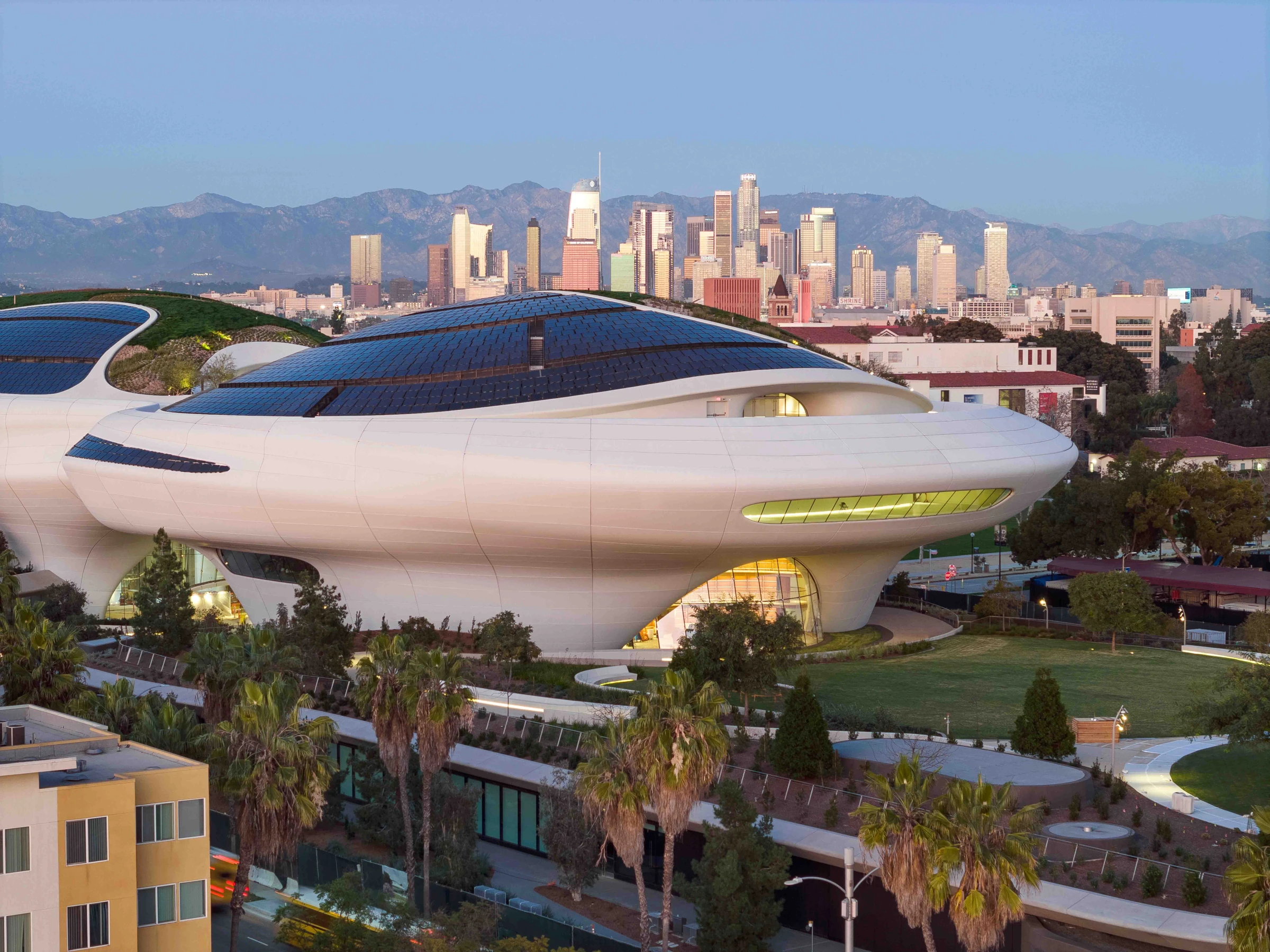 Aerial-style architectural view of the Lucas Museum of Narrative Art in Los Angeles.
