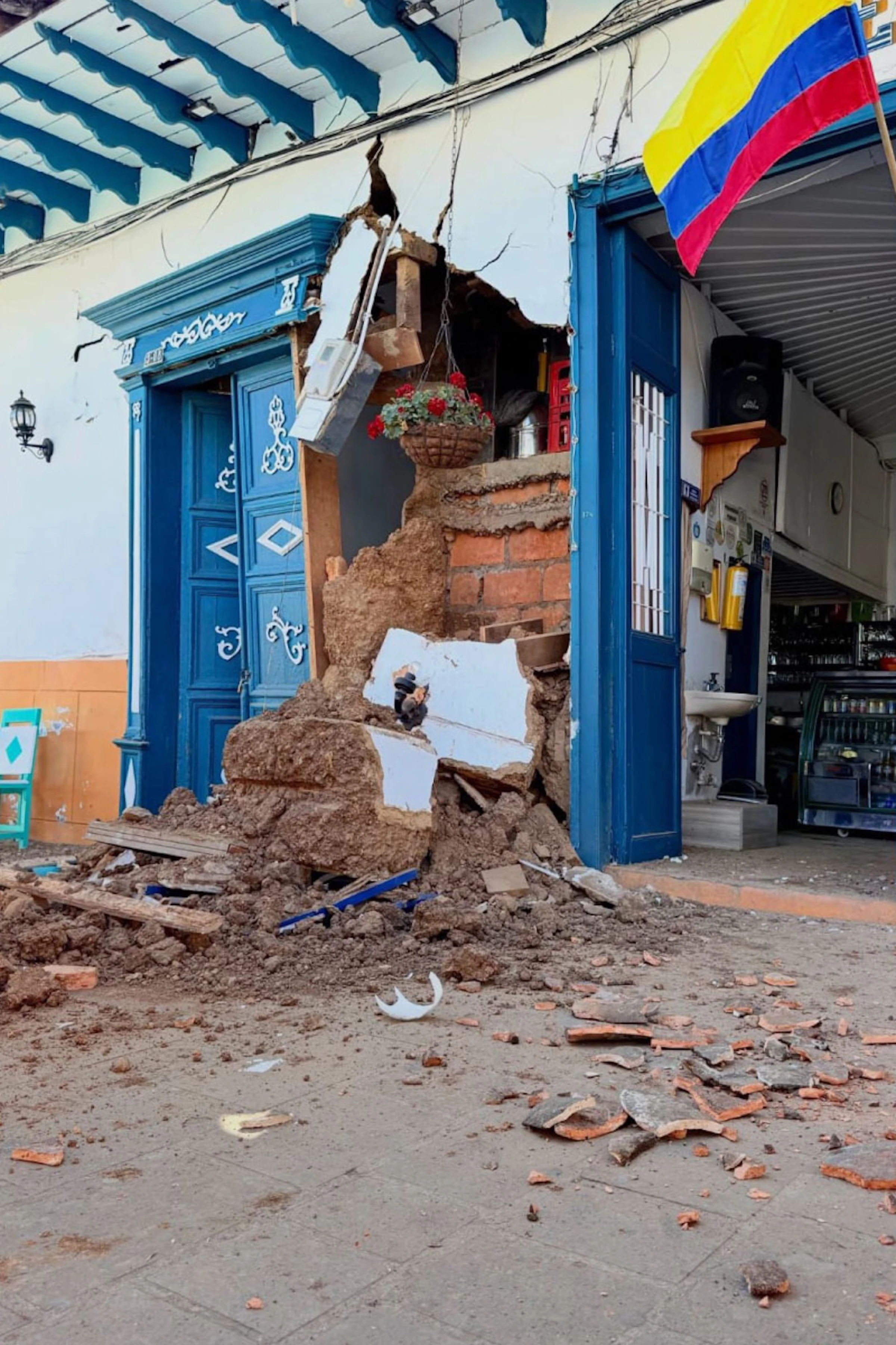 Damage from the 10 August 2026 earthquake in the historical center of Jardin in the department of Antioquia, Colombia, showing cracked walls and partially collapsed structures in a colonial-era building