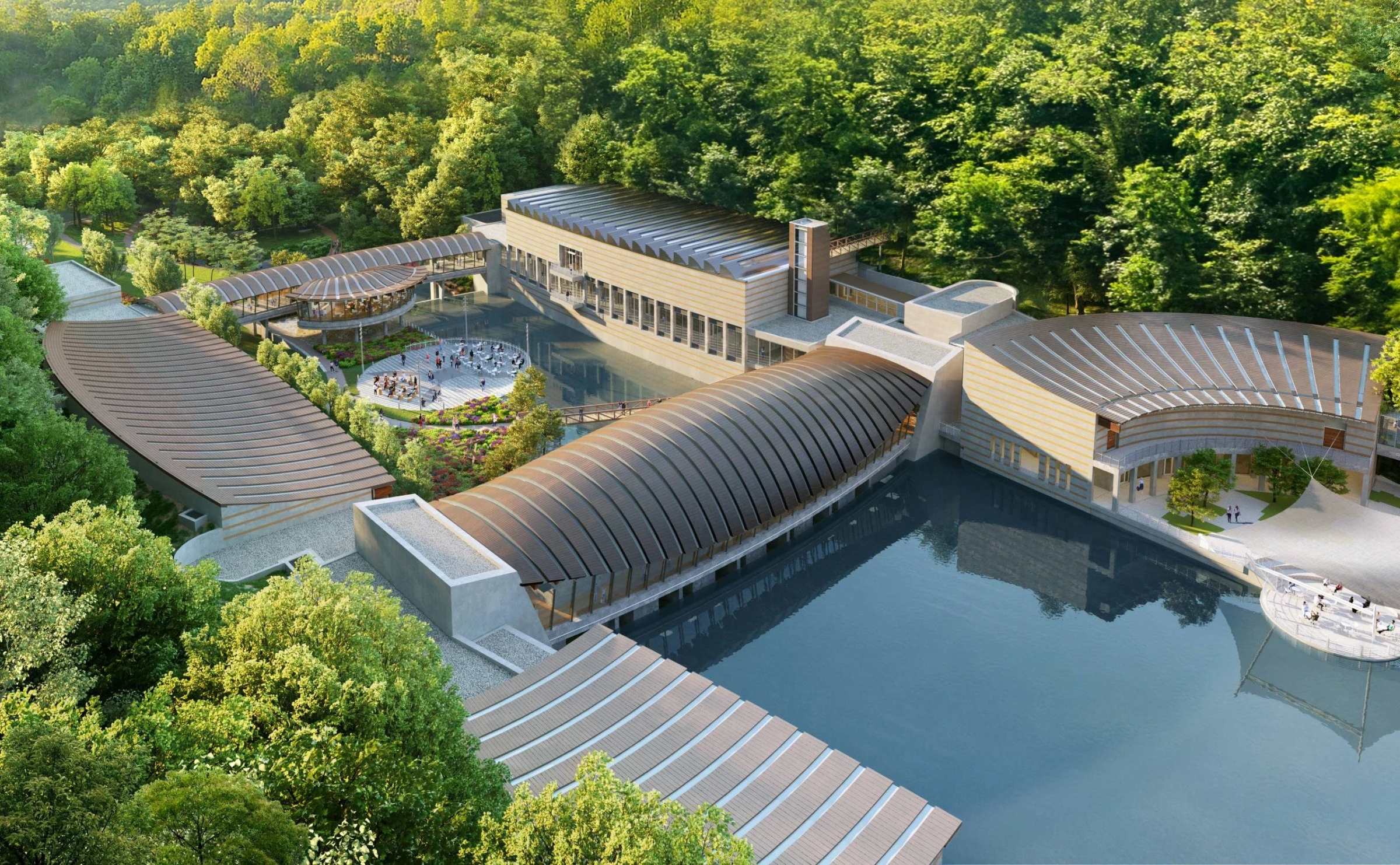 Aerial view of Crystal Bridges Museum of American Art and its wooded campus in Bentonville