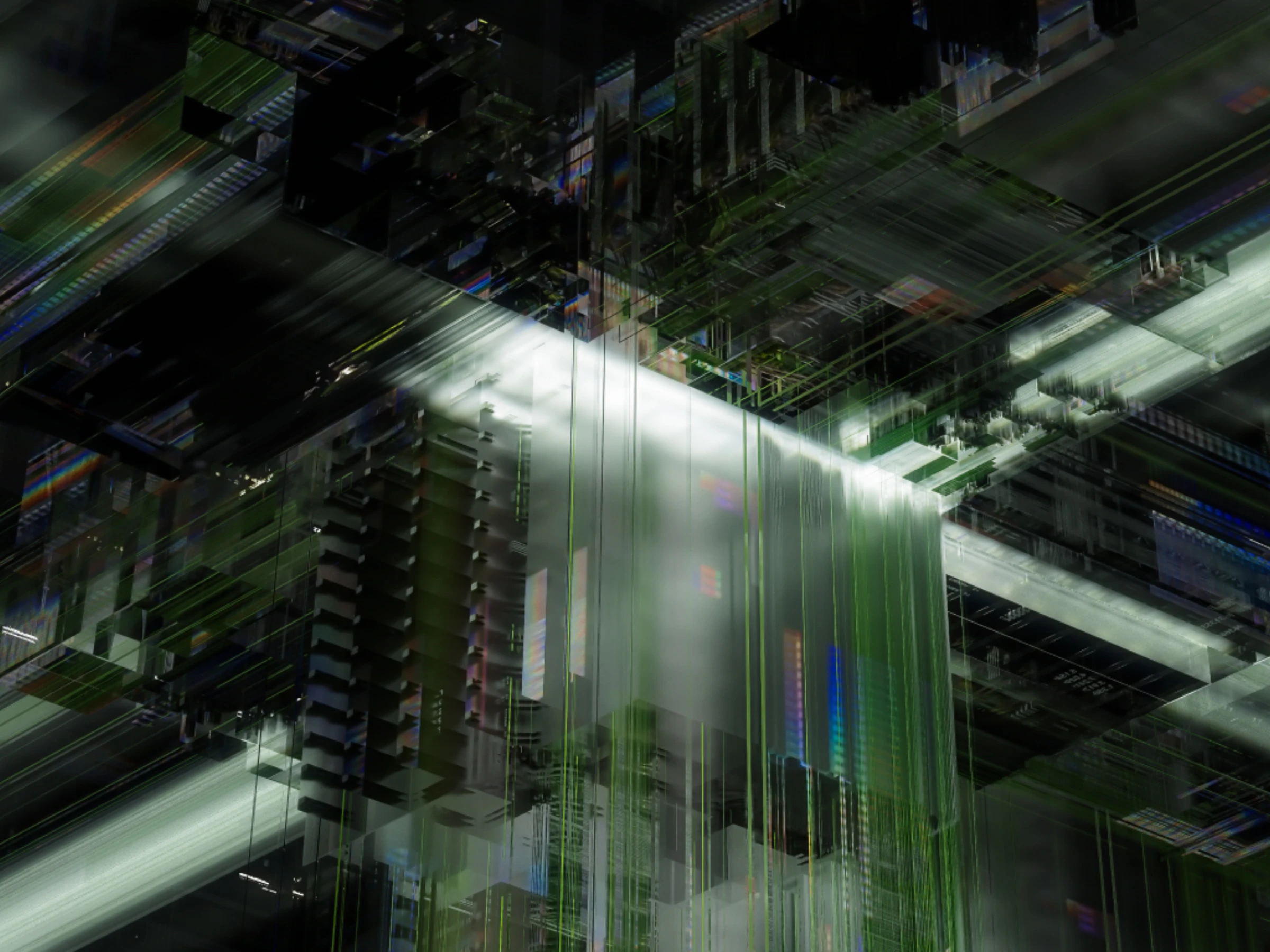 Rendering of Dataland’s immersive interior with large-scale digital projections and visitors moving through a dark gallery space.