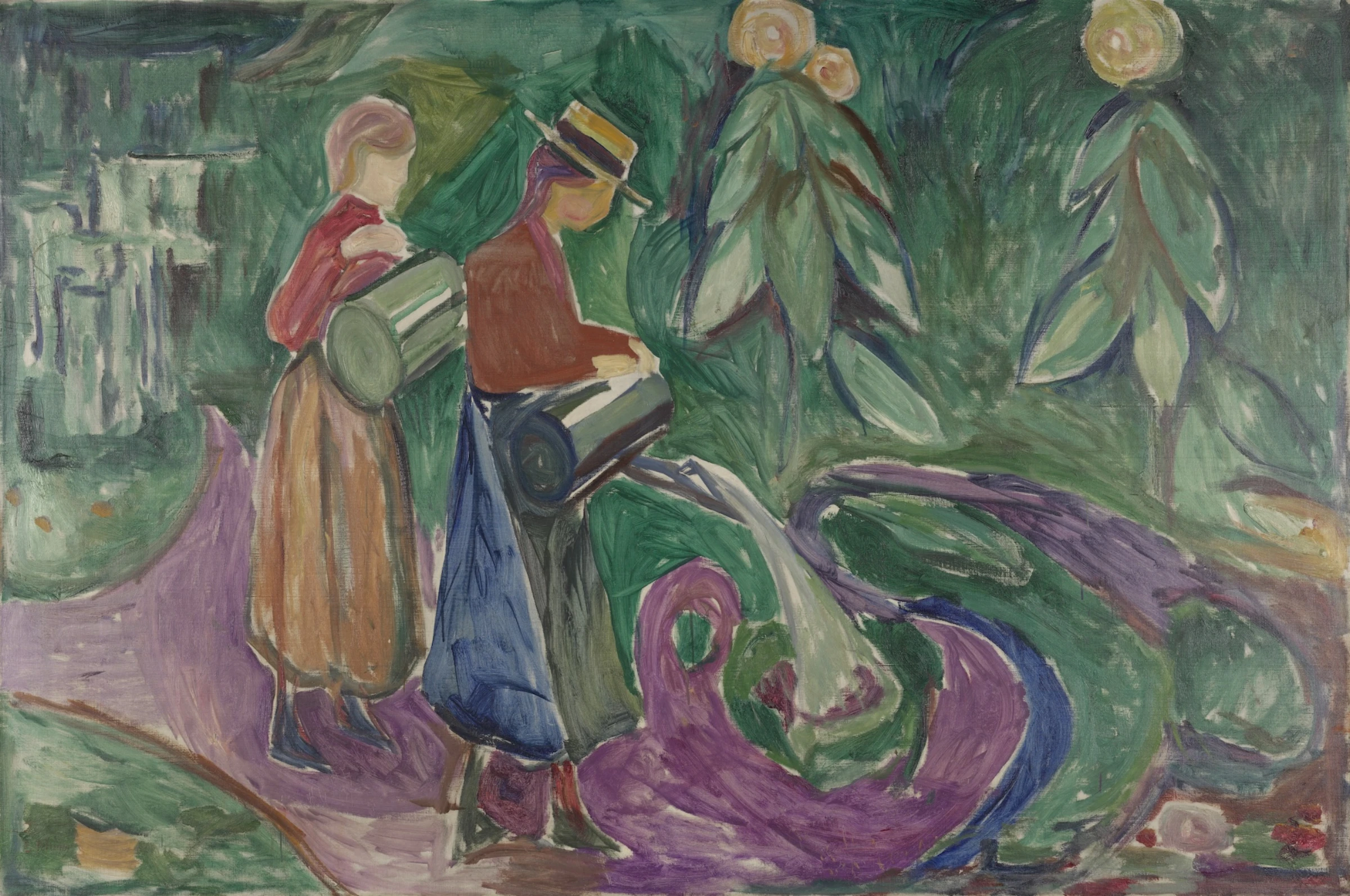 Edvard Munch painting from the Freia Frieze showing girls watering flowers in a summer landscape.