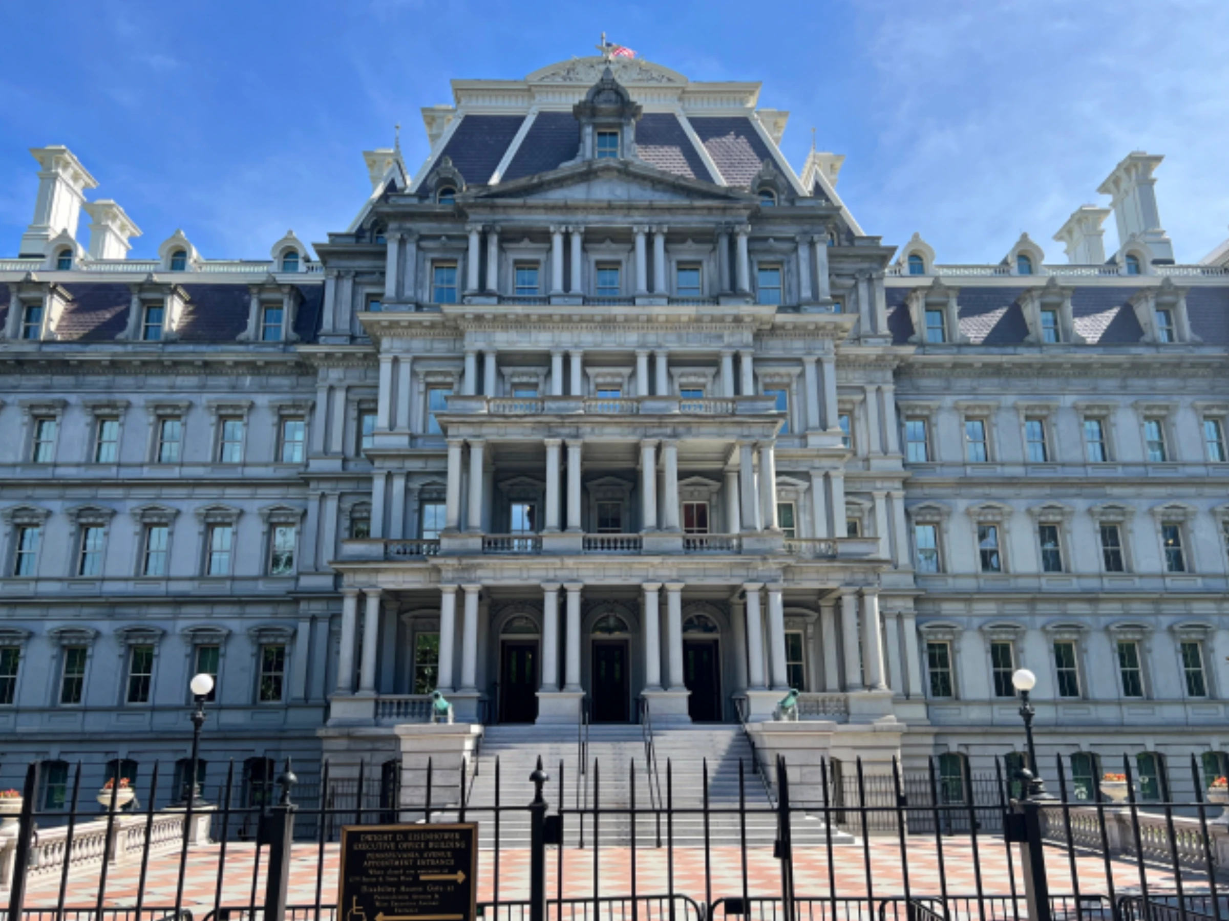 The Eisenhower Executive Office Building in Washington DC, a French Second Empire style granite building built between 1871 and 1888, with its characteristic mansard roofs and ornate stonework visible