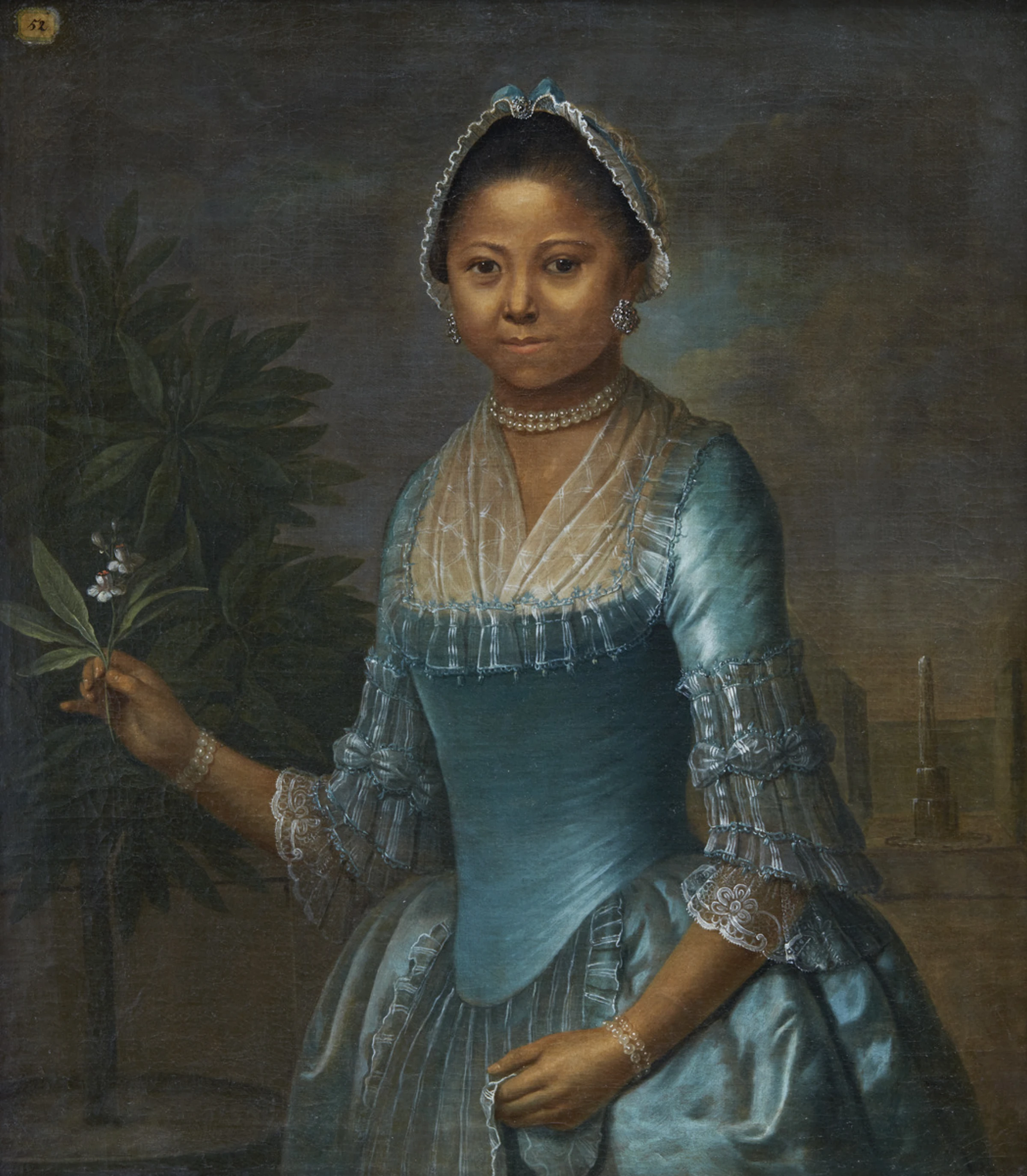 Portrait of Eleonora Susette, an 18th-century oil painting of a young woman in blue dress holding an orange blossom.