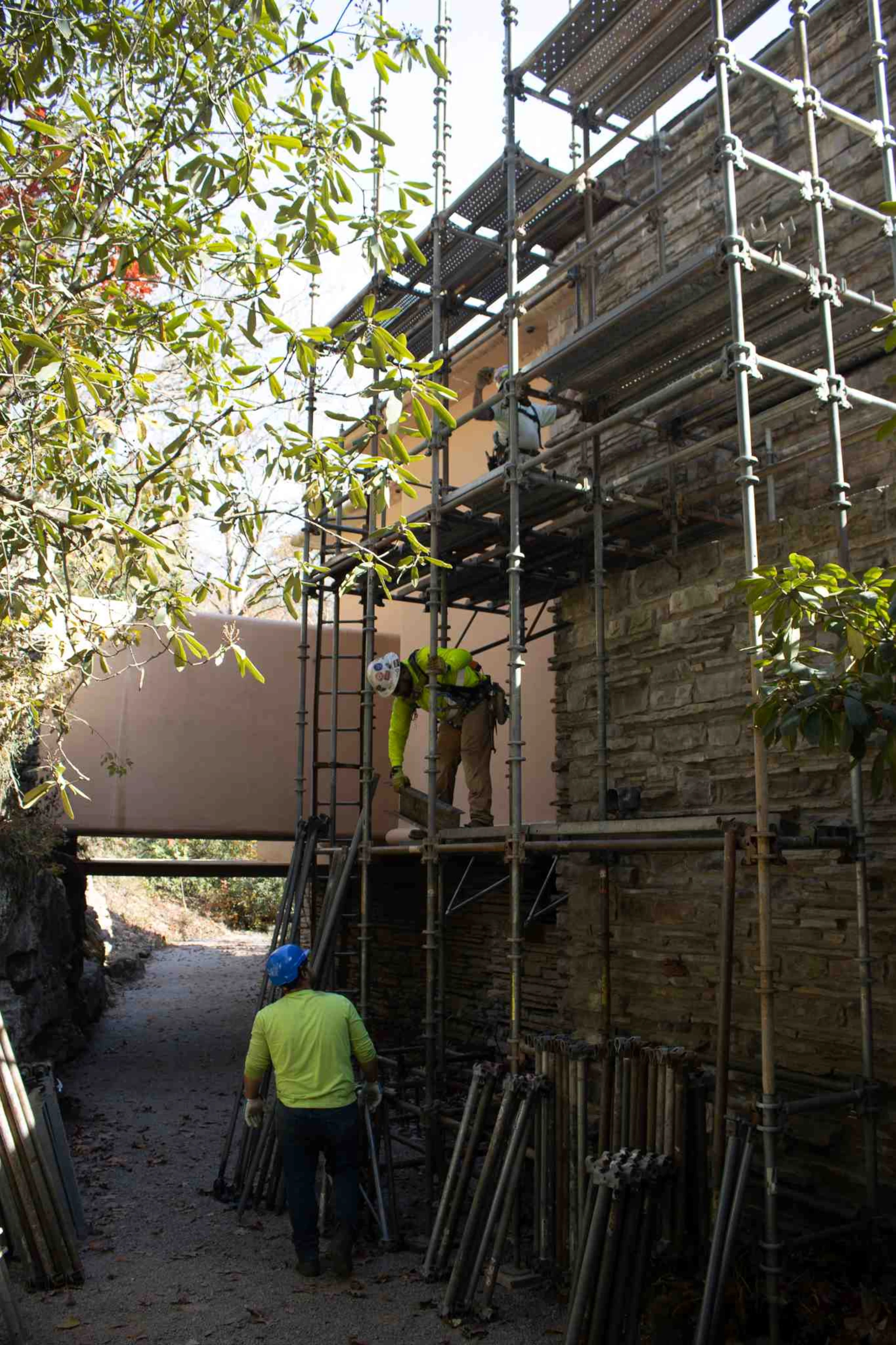 Preservation scaffolding installed around Fallingwater during restoration work.