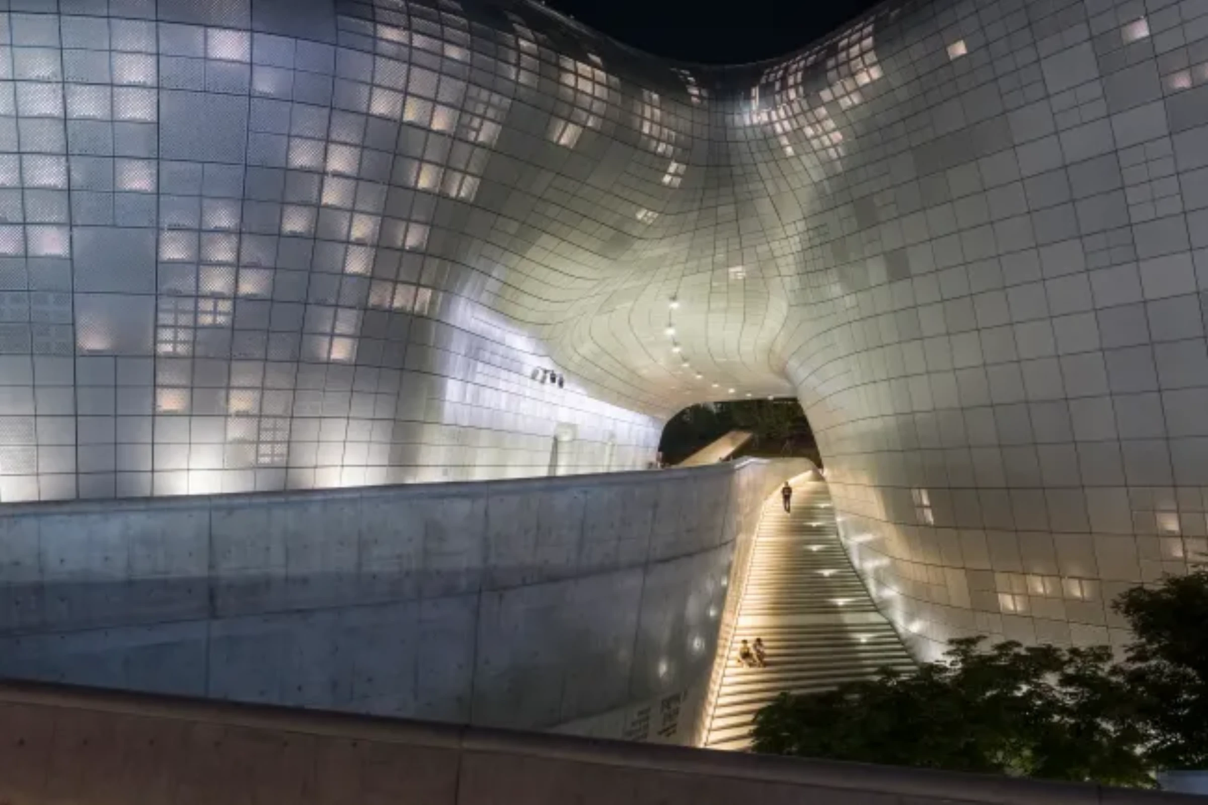 Zaha Hadid's curvilinear Dongdaemun Design Plaza building in Seoul, South Korea