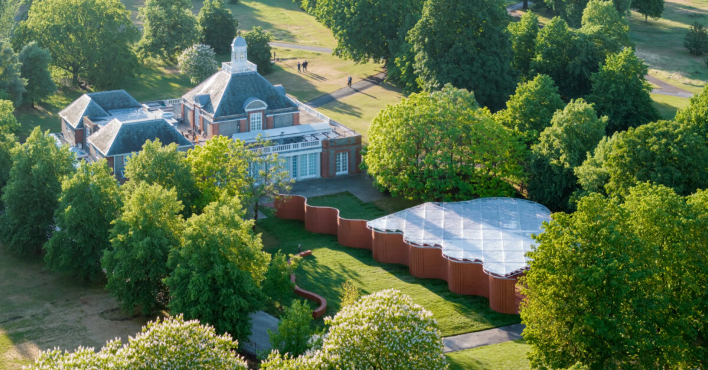 Aerial view of the Serpentine Pavilion 2026 in London, used here as a civic image for the city's gallery weekend season