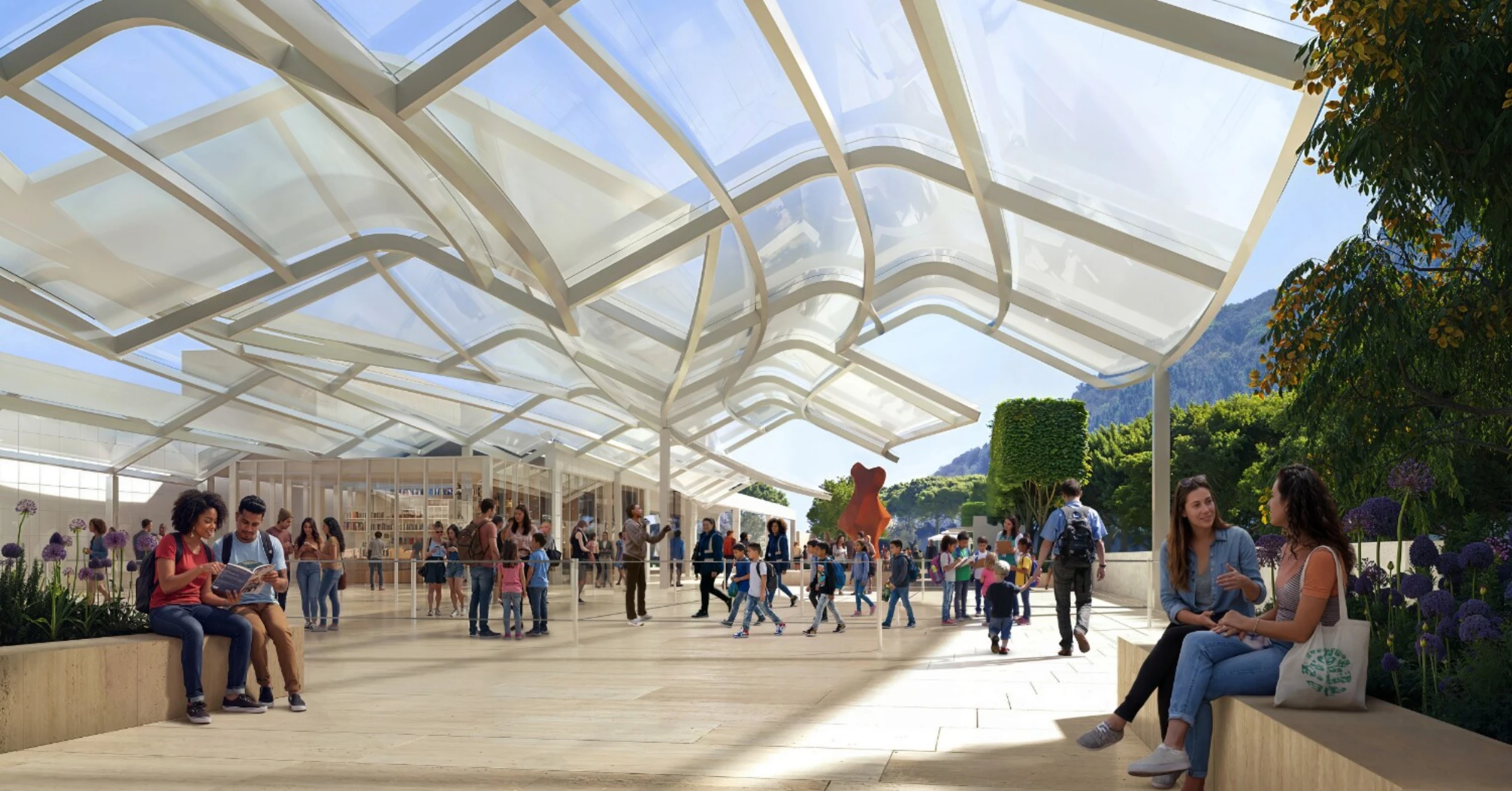Rendering of Getty Center lower tram station improvements with new landscaped arrival areas