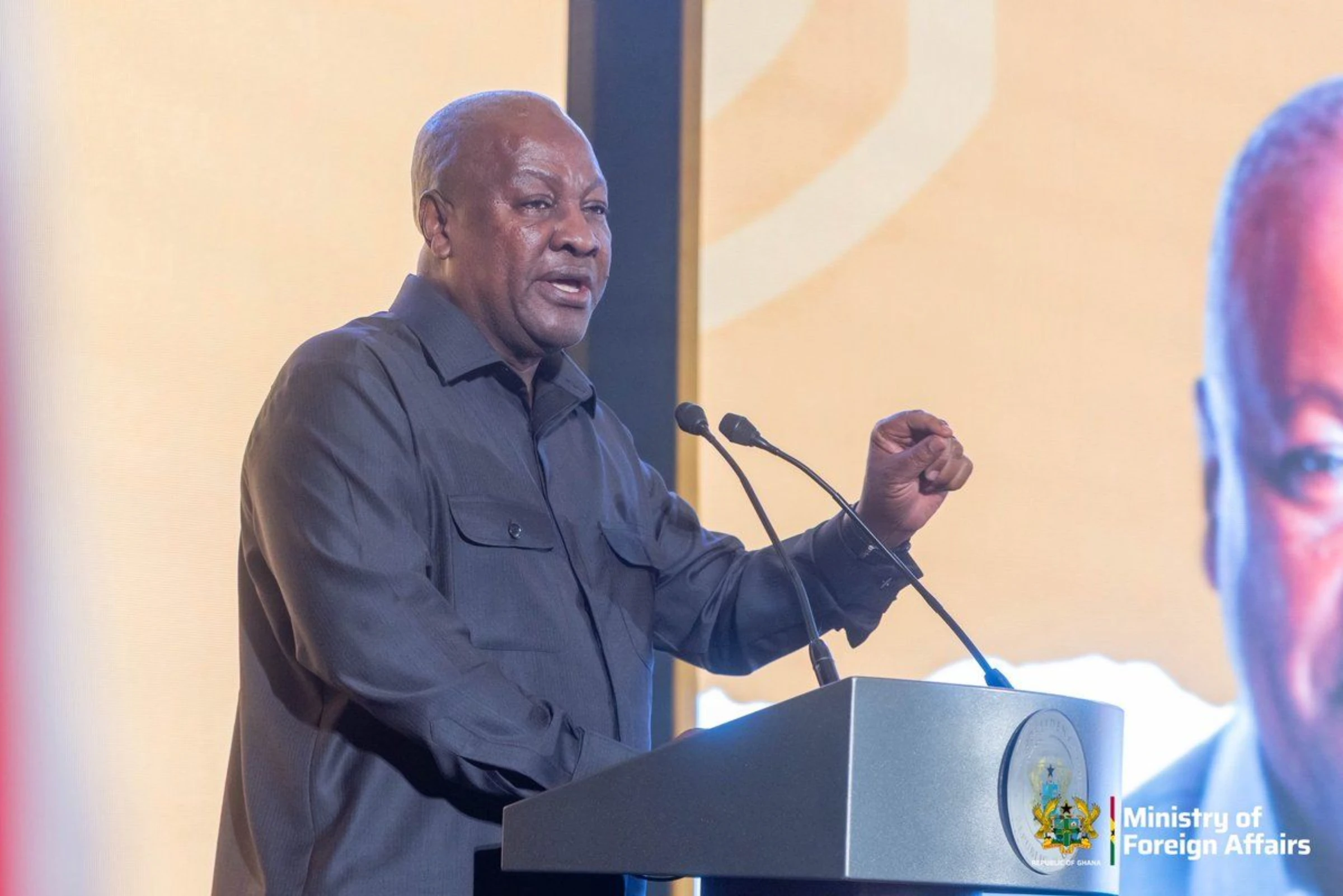 President John Dramani Mahama speaking at the Next Steps Conference in Accra regarding cultural restitution