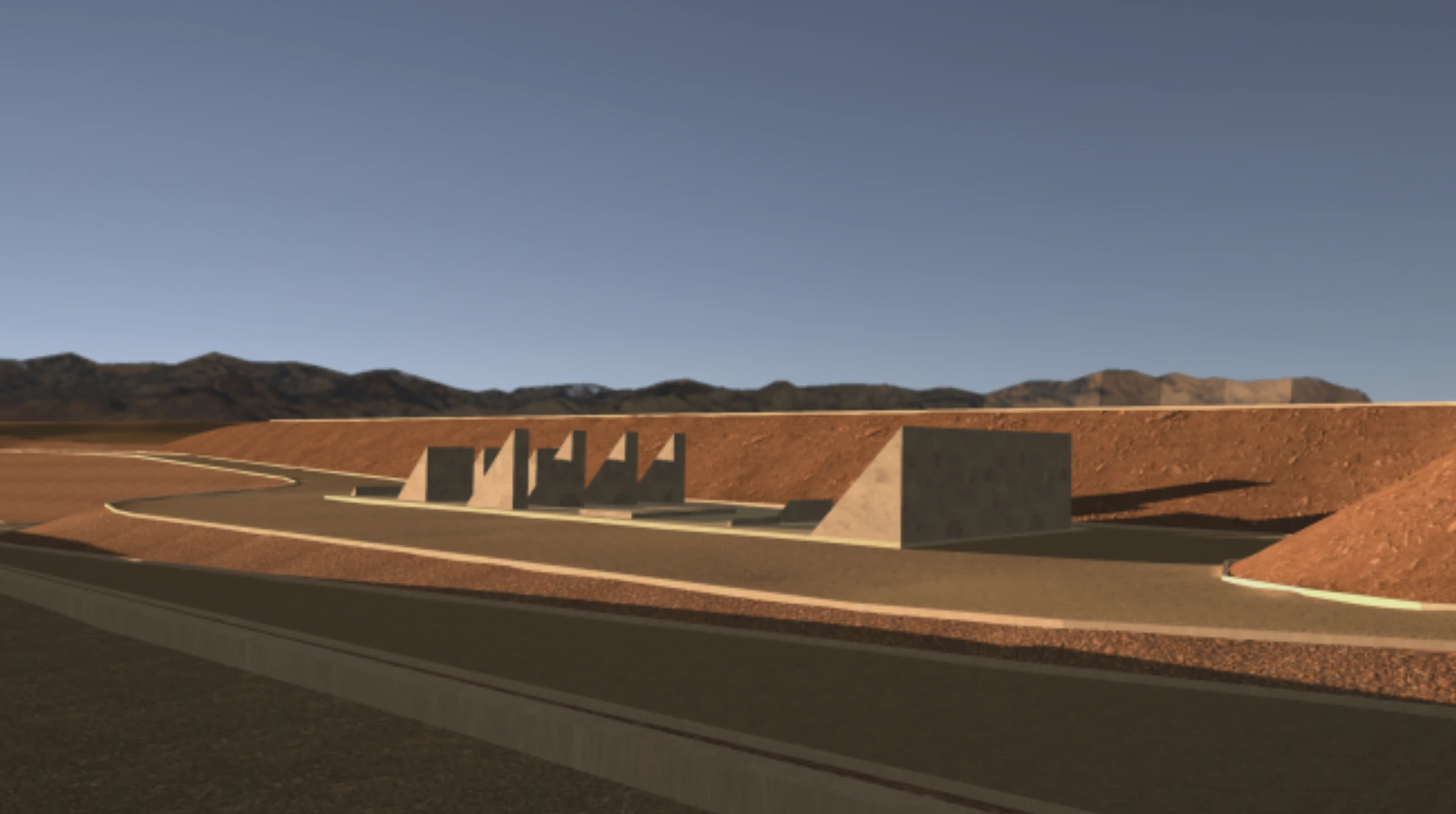 Screenshot from the free video game recreating Michael Heizer's monumental land art sculpture City in the Nevada desert