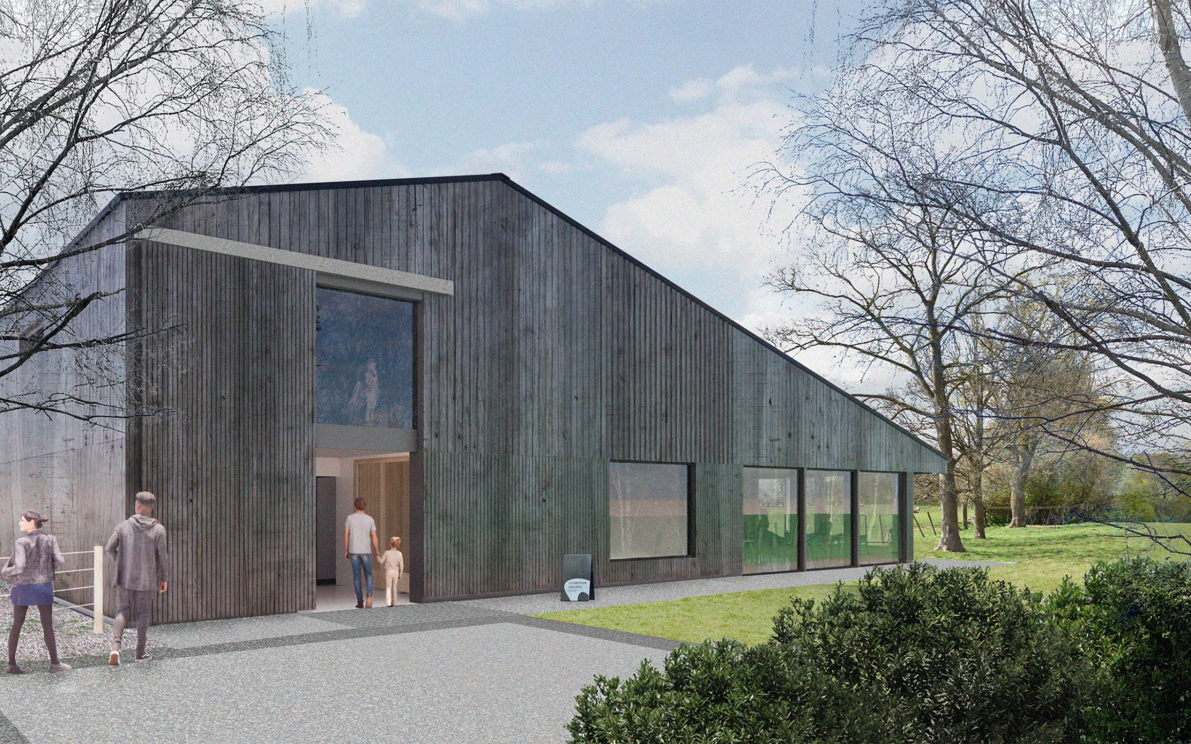 Exterior view of the redeveloped Sheep Field Barn at Henry Moore Studios & Gardens in Hertfordshire.