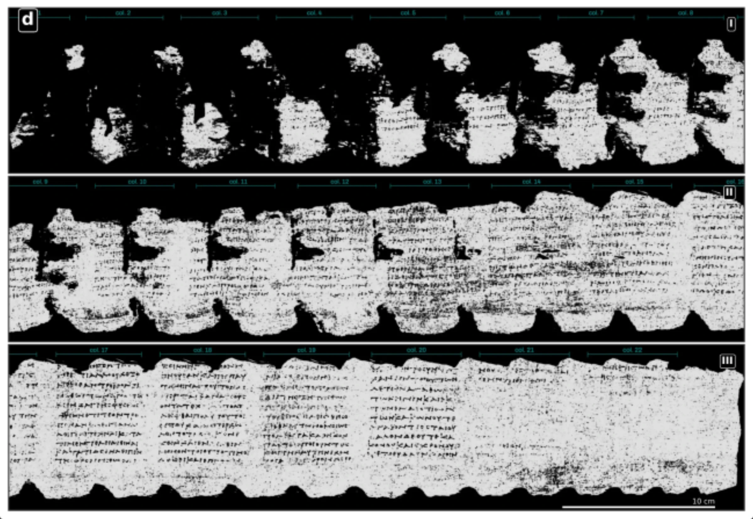 A digital reconstruction of the carbonized surface of an ancient scroll showing Greek writing