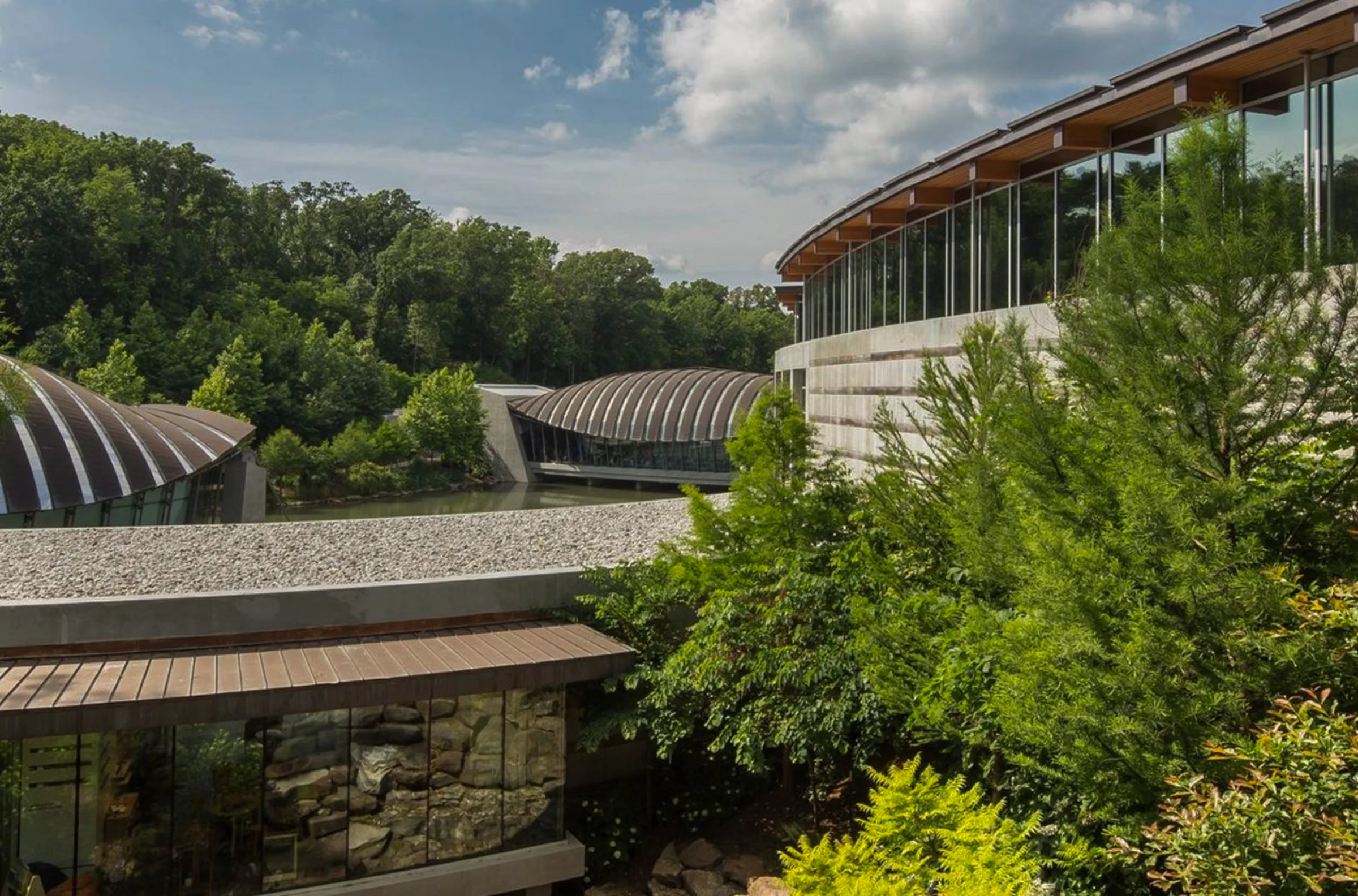 View of the Crystal Bridges campus and surrounding landscape