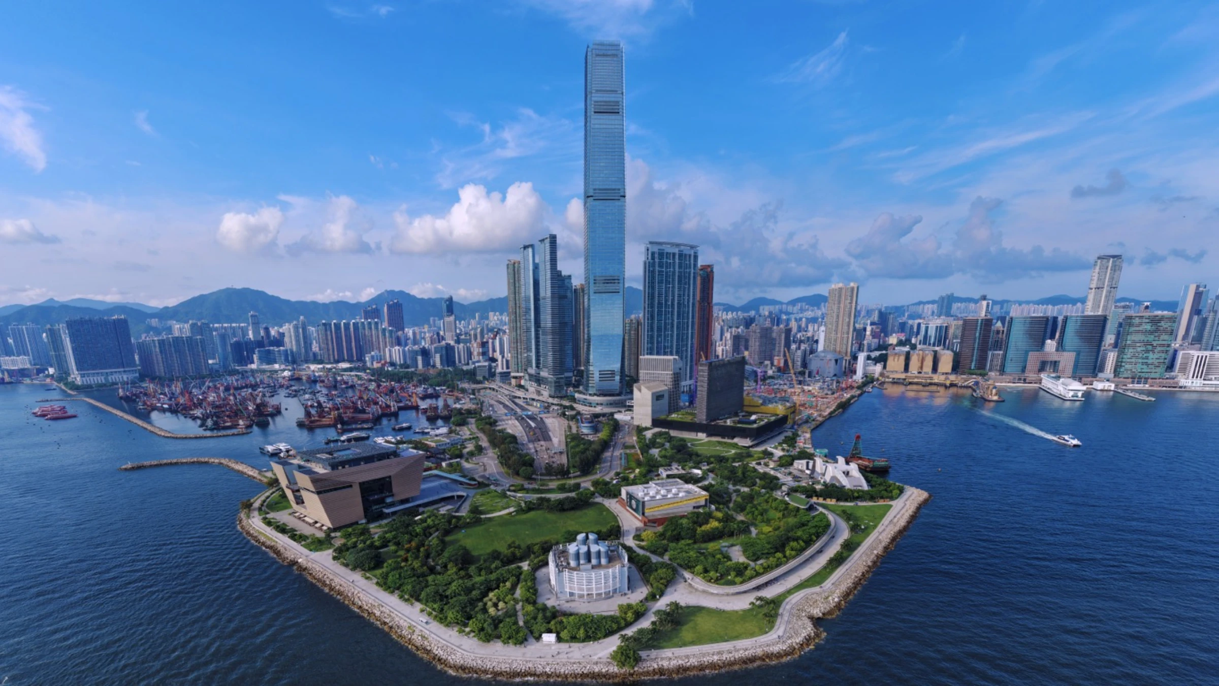 View of Hong Kong’s West Kowloon Cultural District skyline and waterfront cultural complex.