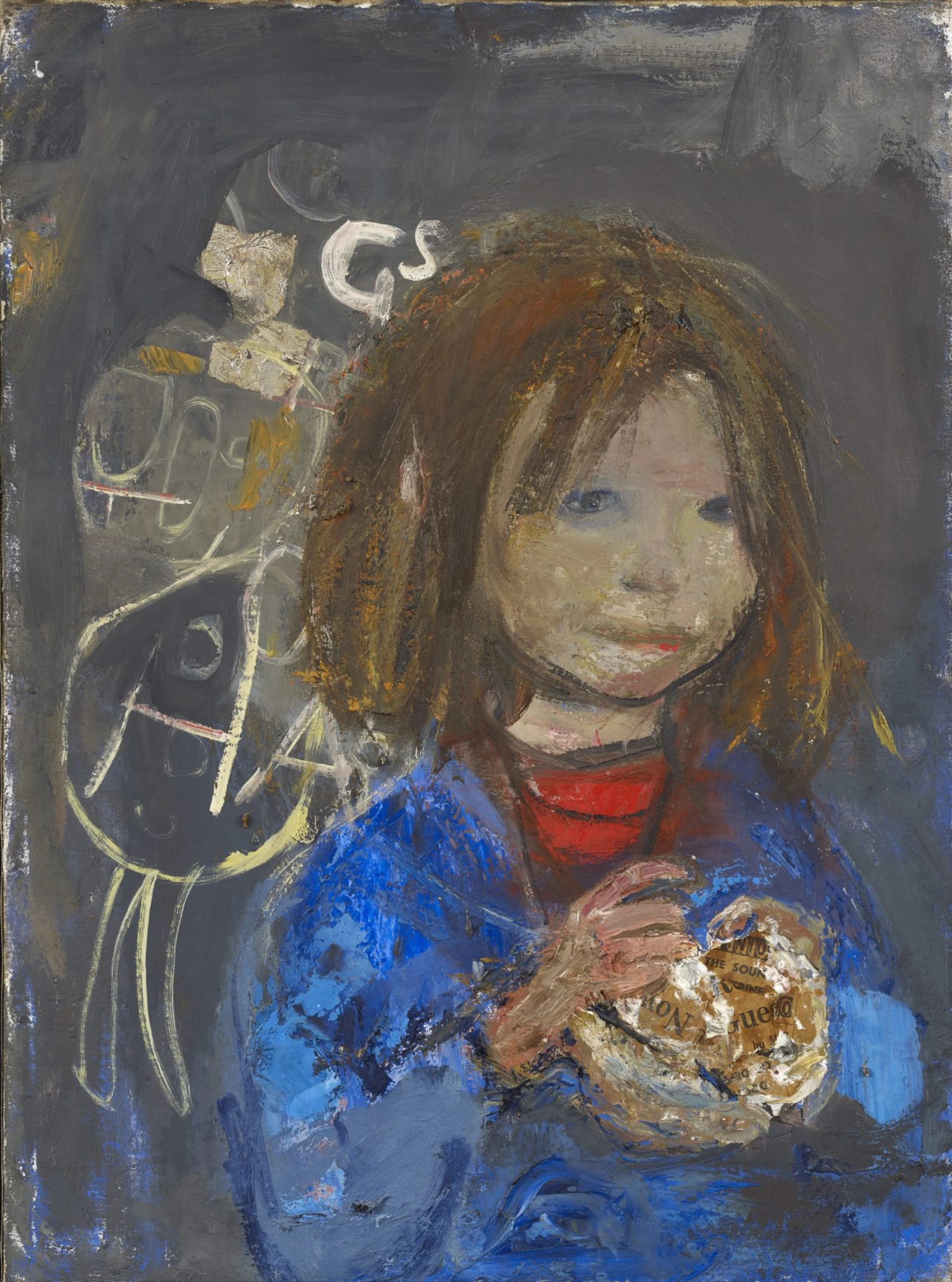 Joan Eardley portrait painting with rough brushwork and collage fragments.