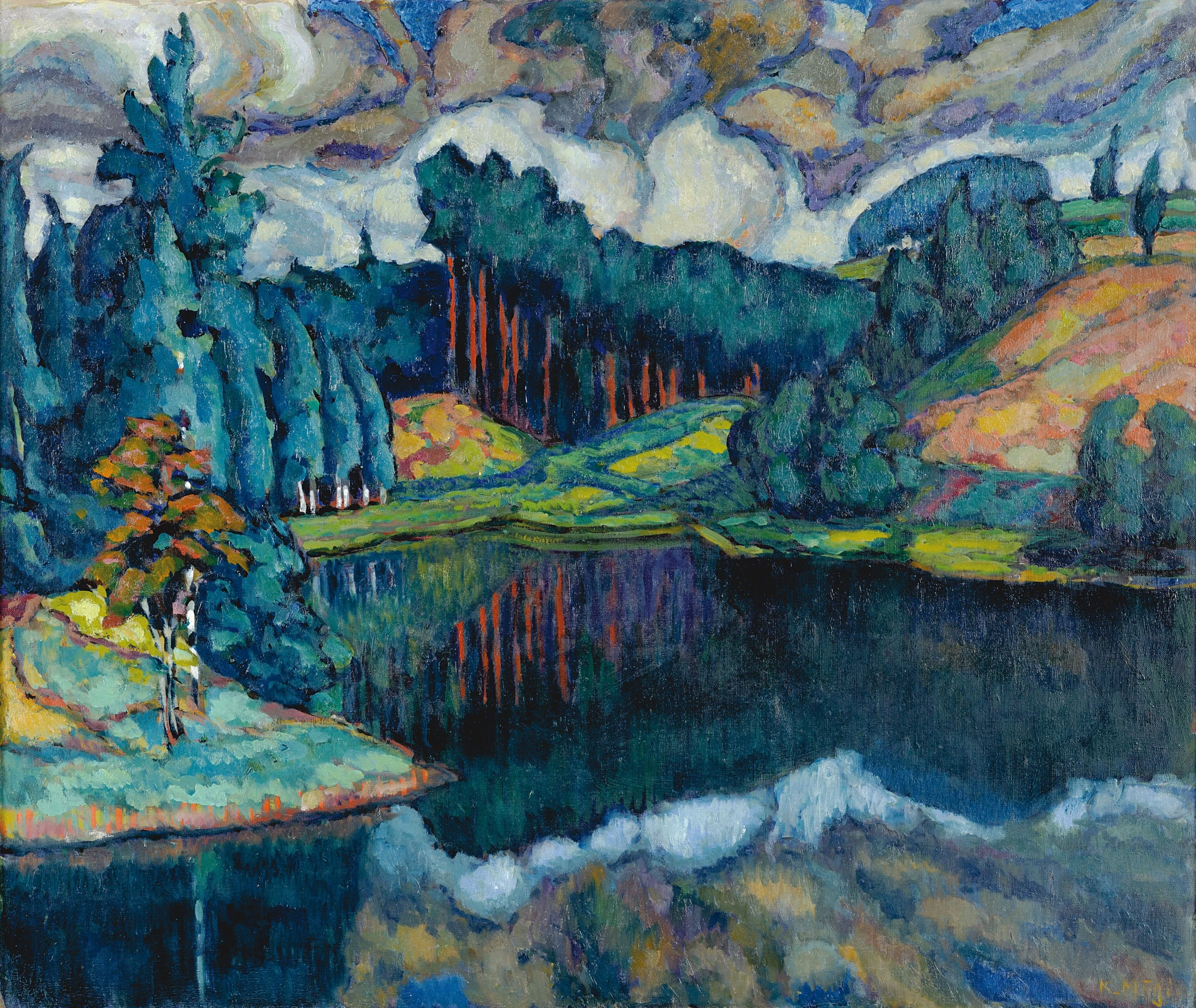 Konrad Mägi painting Lake Kasaritsa with saturated greens and deep blue reflections.