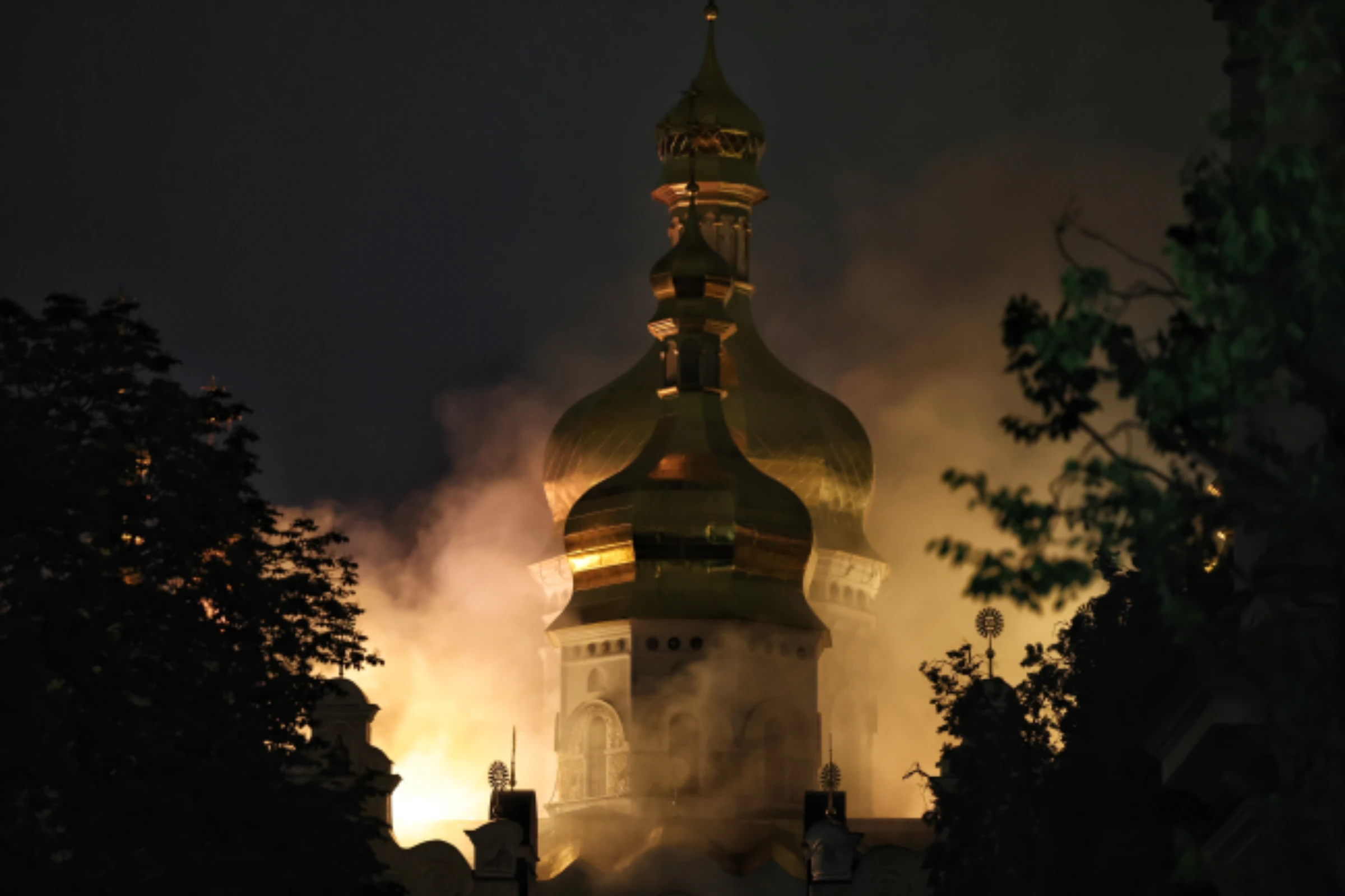 Smoke rises over the Dormition Cathedral at the Kyiv-Pechersk Lavra after a Russian drone strike