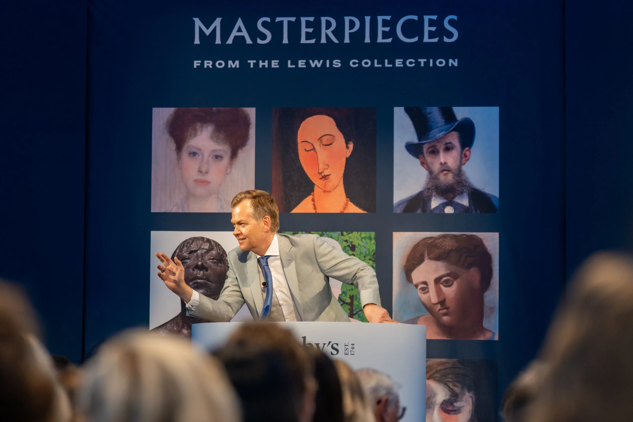 The interior of a high-end Sotheby's auction room in London