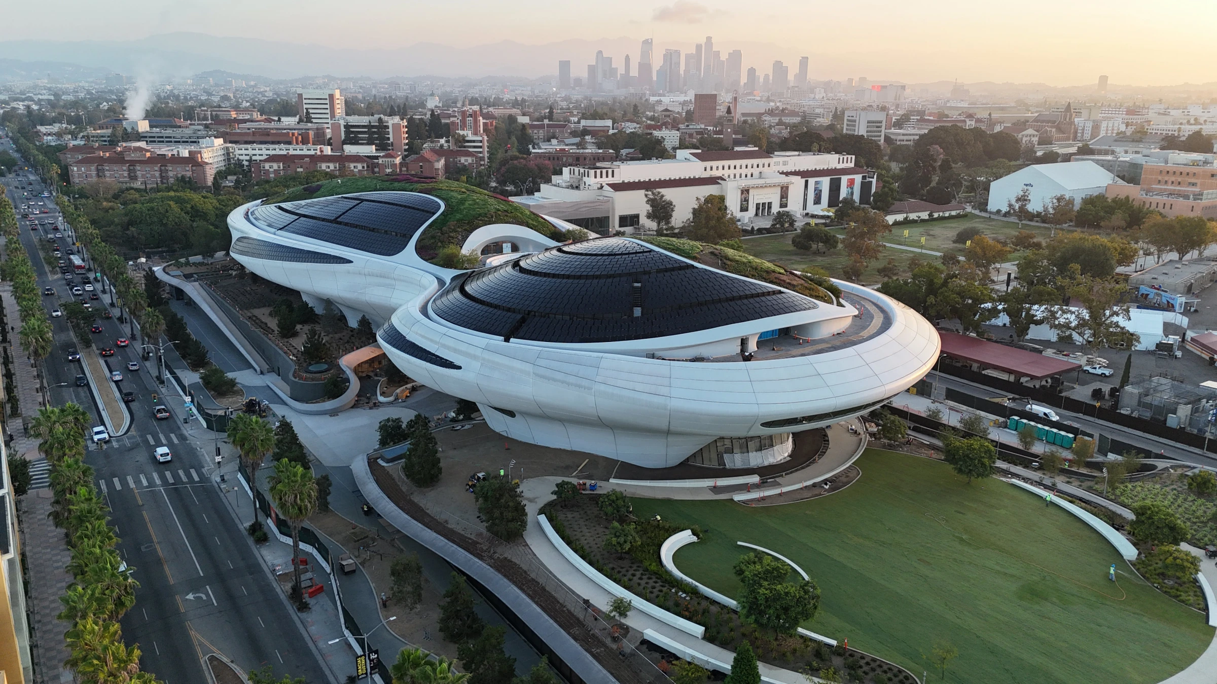 Exterior view of the Lucas Museum of Narrative Art construction site in Los Angeles.