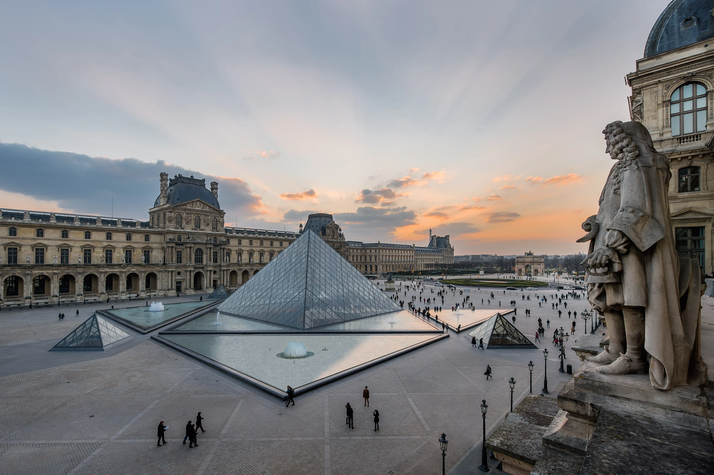 The Louvre Pyramid and Cour Napoléon in Paris.
