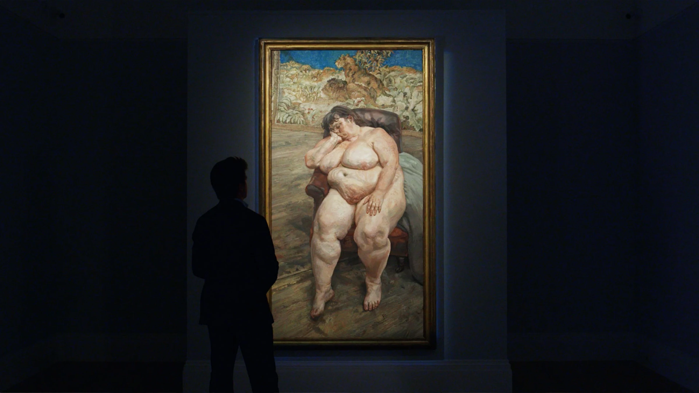 Lucian Freud's Sleeping by the Lion Carpet showing Sue Tilley reclining before a vivid blue carpet