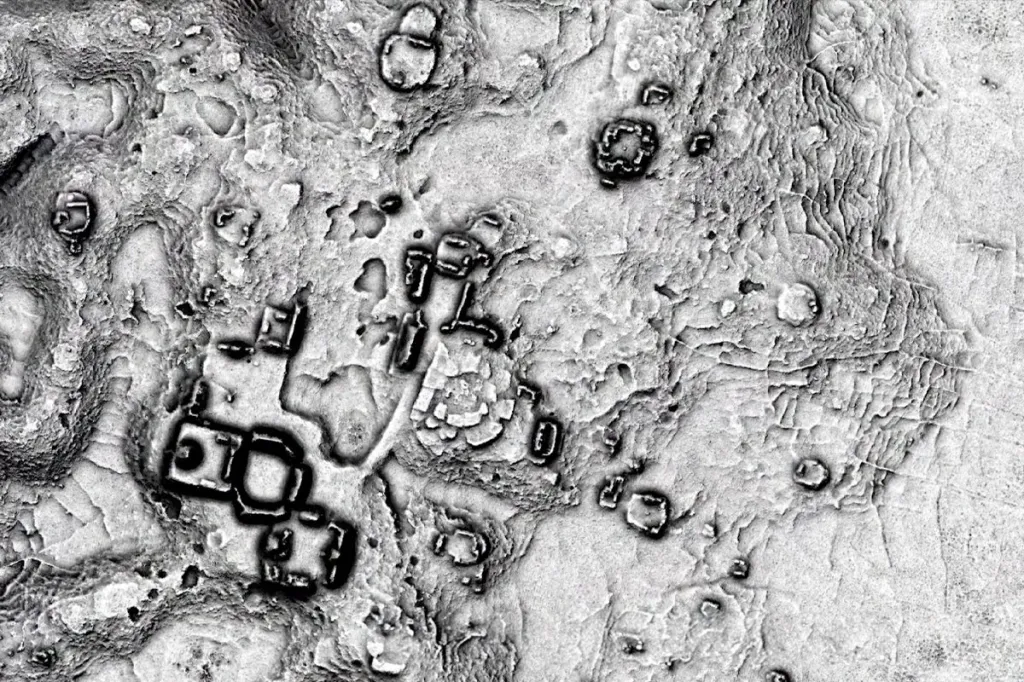 Overhead view of the newly discovered Mayan city Minanbé emerging from the dense jungle of Campeche