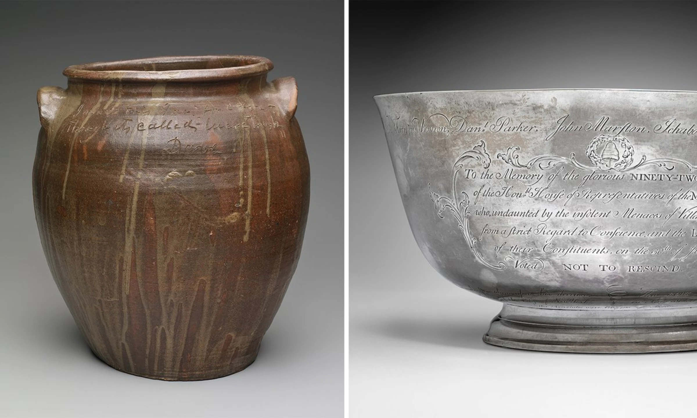 A stoneware jar by David Drake displayed beside Paul Revere’s Sons of Liberty Bowl at MFA Boston