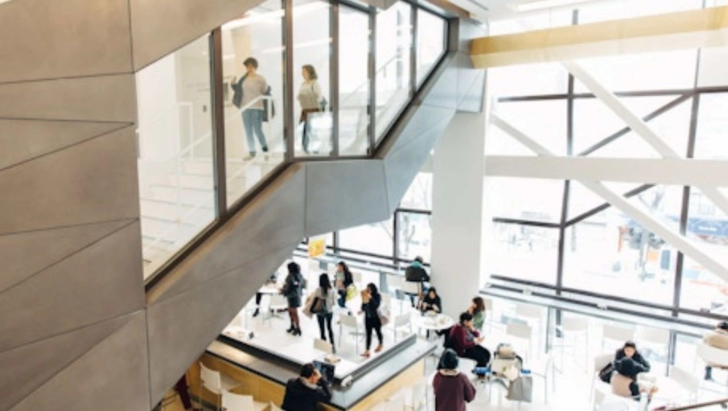 Students gathered inside a New School campus building in New York