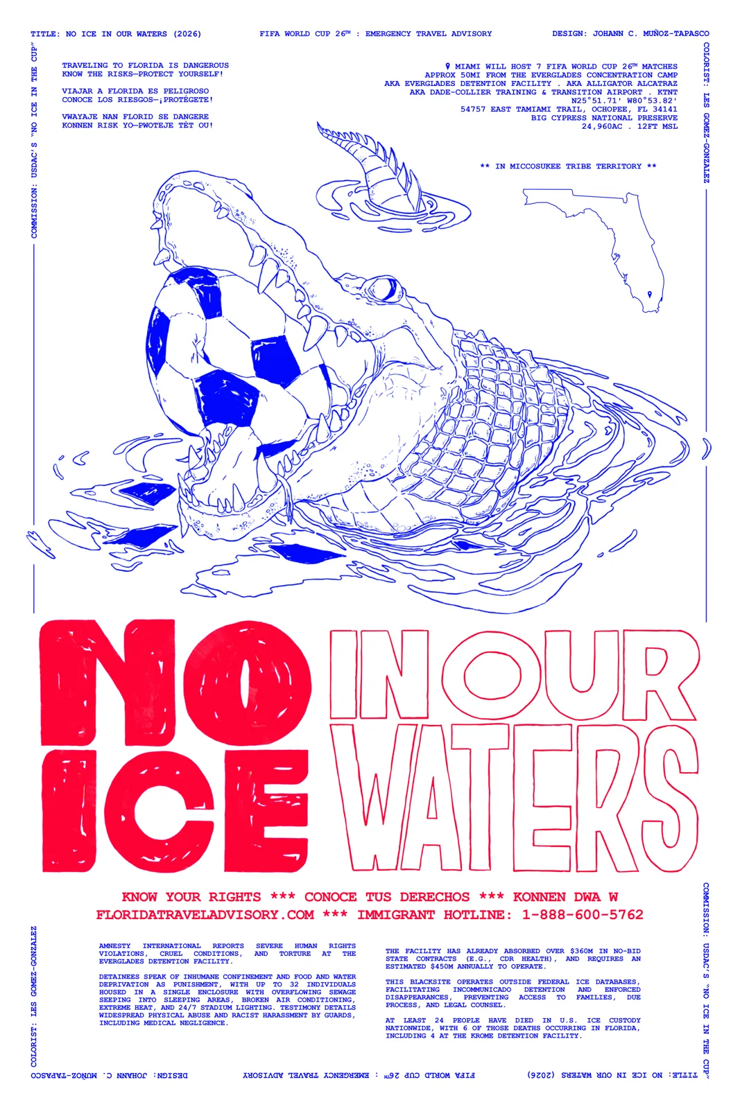 Miami poster from the No ICE in the Cup campaign featuring a blue alligator crushing a soccer ball