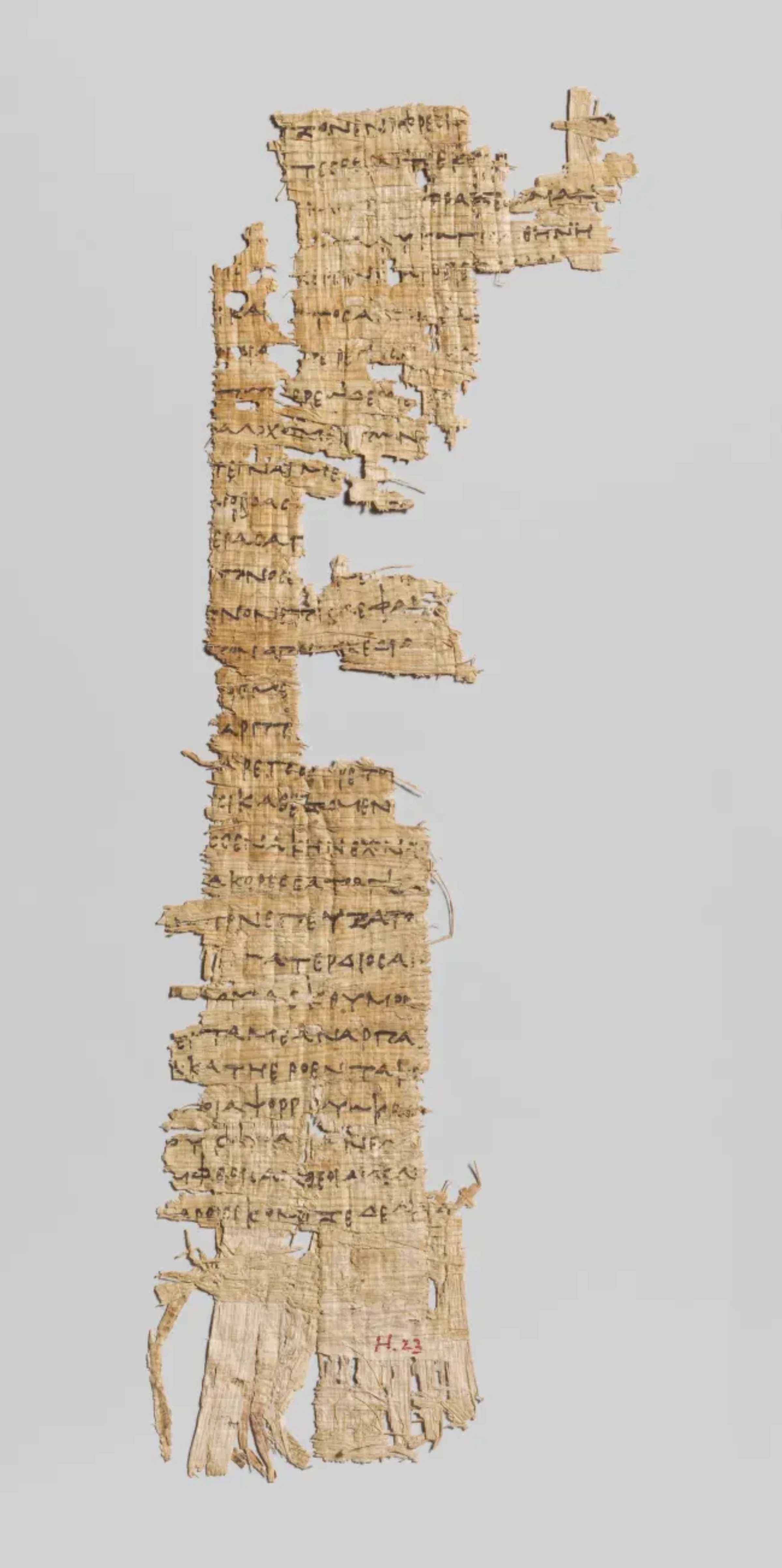 Ancient papyrus fragment with Greek text from Homer's Odyssey, rendered in charcoal and water on papyrus, displayed at the Metropolitan Museum of Art