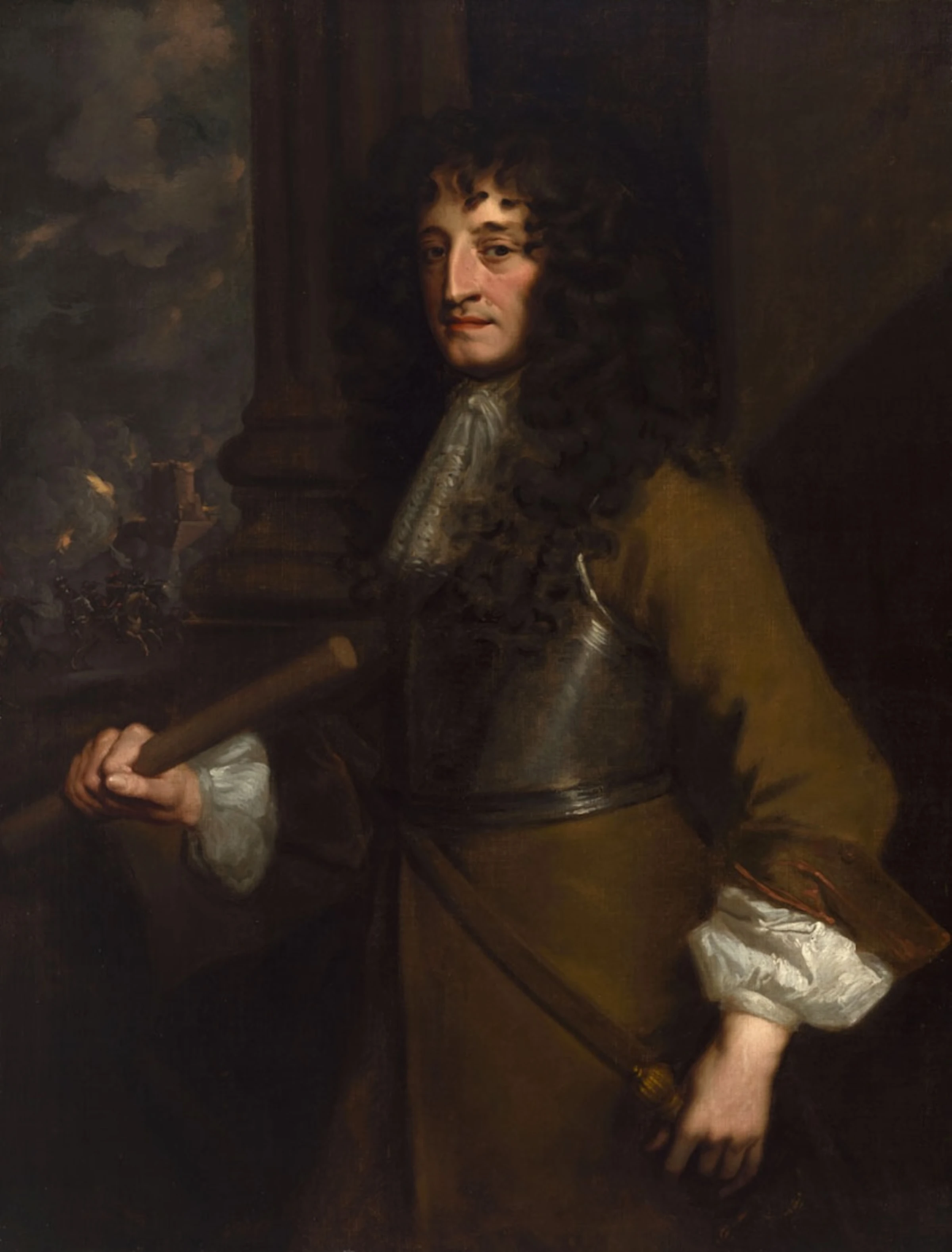 Seventeenth-century portrait of Prince Rupert in armor with a battle scene in the background