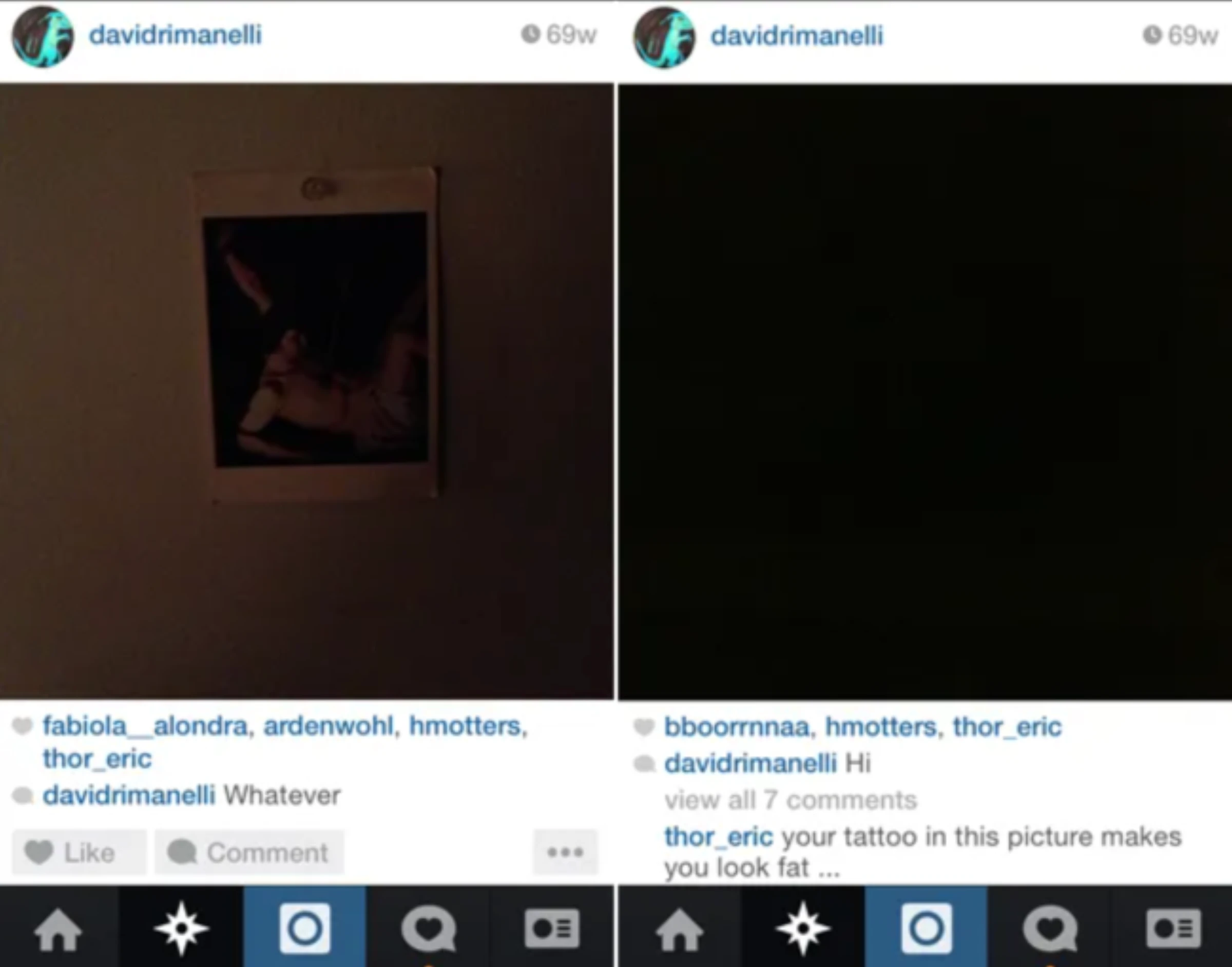 Screenshots from David Rimanelli's Instagram feed showing a collage of historical portraits, artworks, and personal photographs from the platform's early era before algorithmic curation