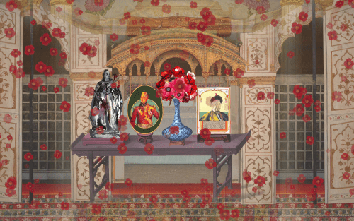 A still from Shahzia Sikander's animation 3 to 12 Nautical Miles presented on the M+ Facade in Hong Kong.