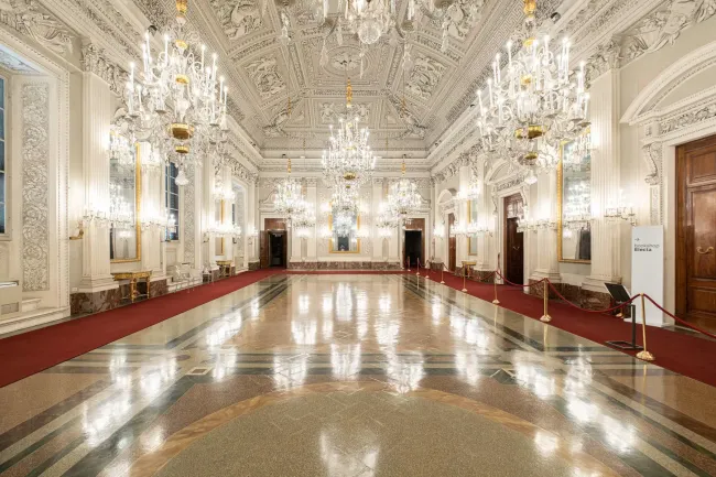Newly installed lighting in the Sala Bianca (White Hall) of the Palazzo Pitti, part of the Uffizi Galleries renovation