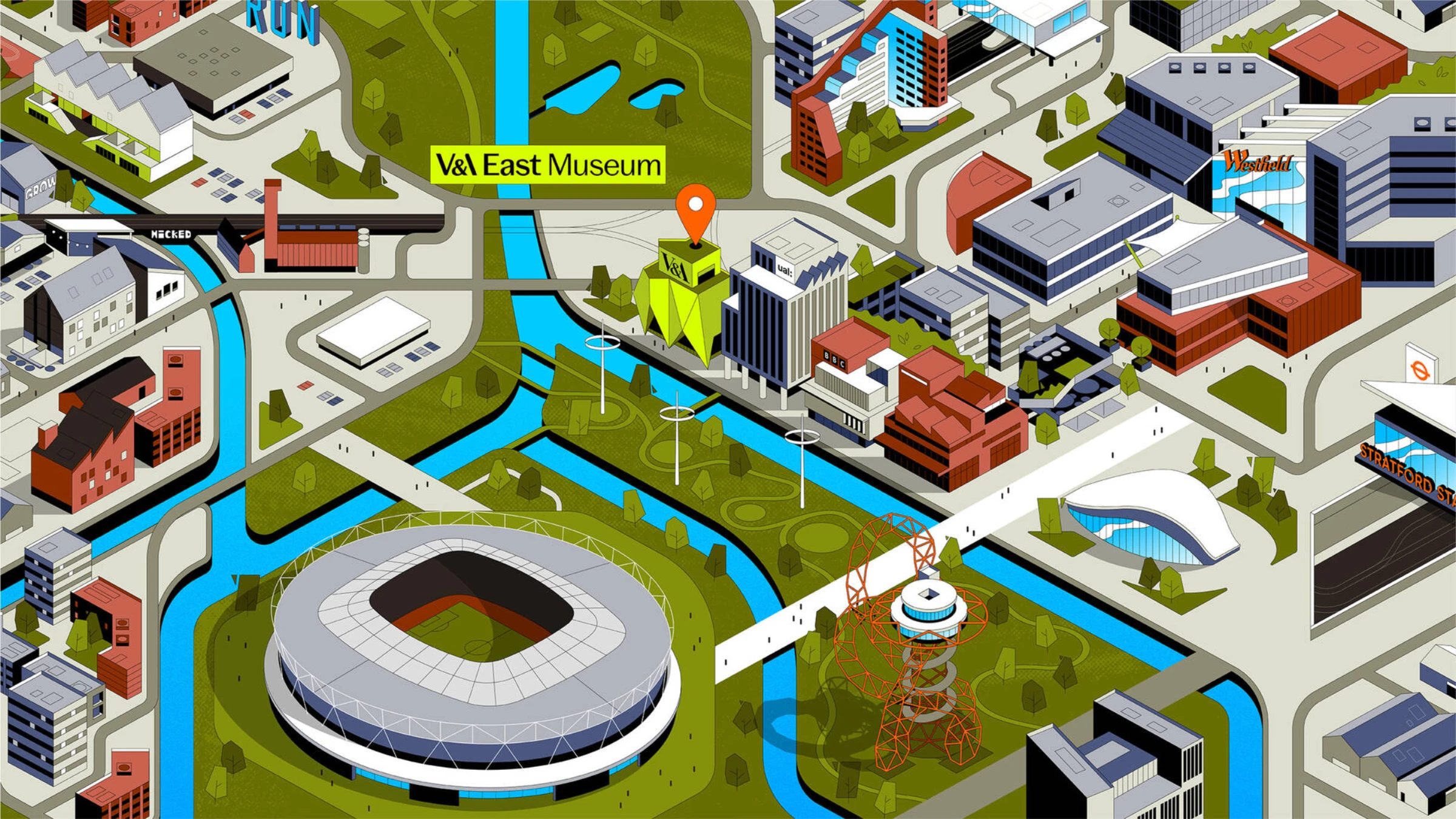 Exterior and interior view associated with V&A East in London.