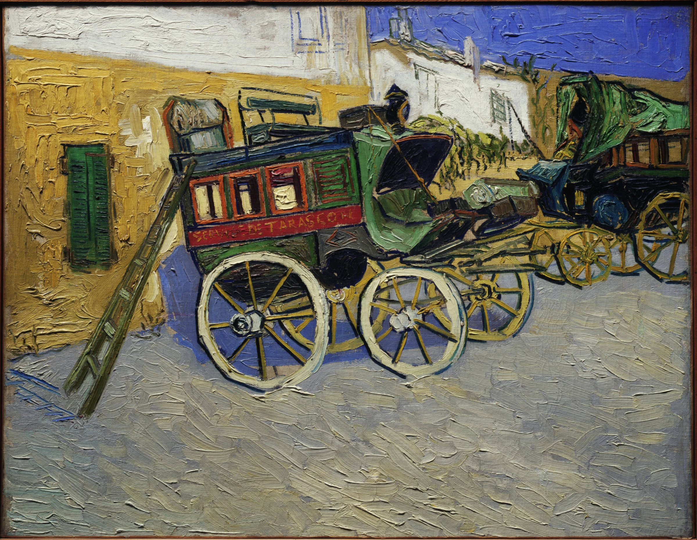 Vincent van Gogh's Tarascon Stagecoach (1888), showing a colorful horse-drawn coach in a courtyard with pink and yellow walls in Arles