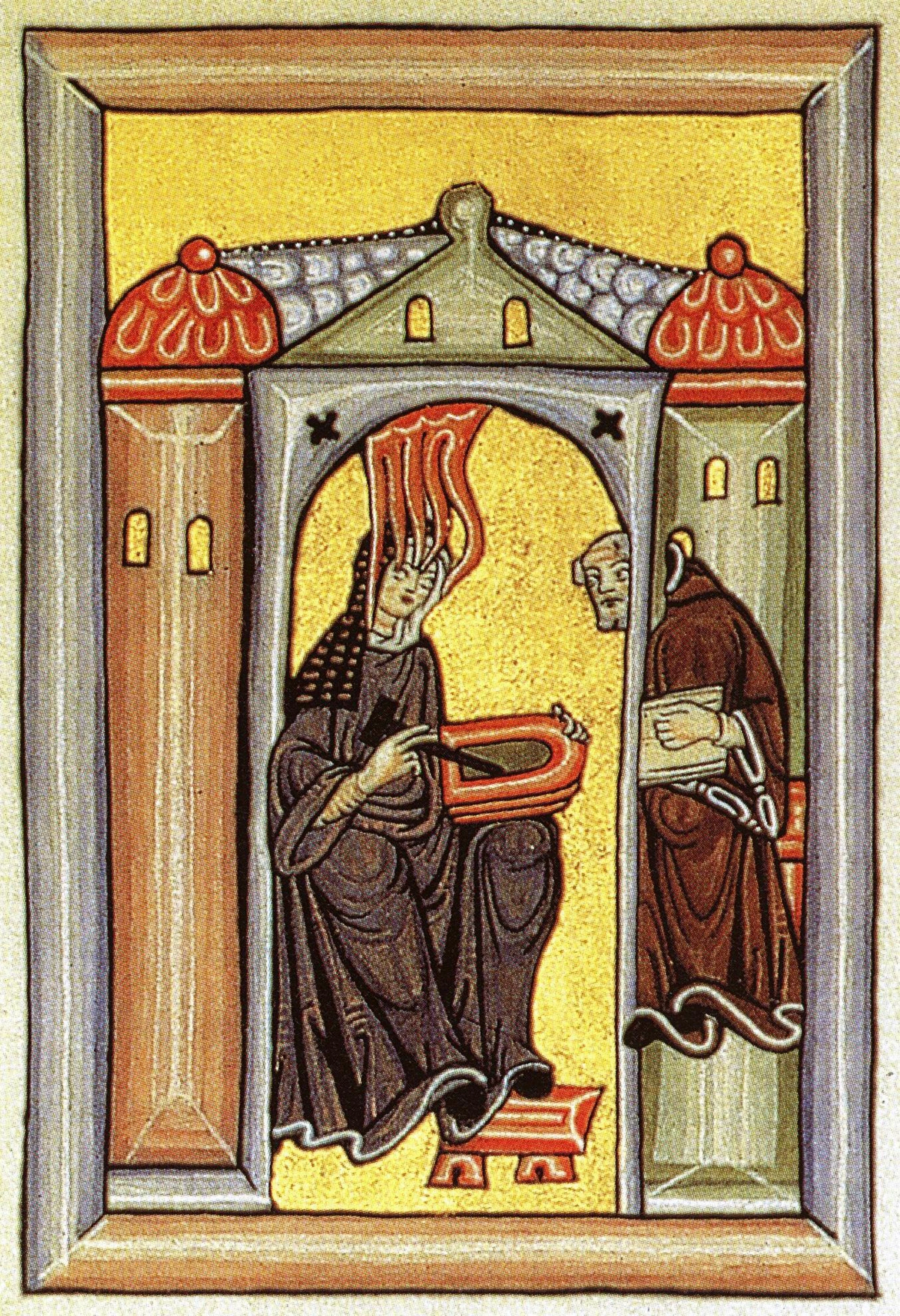 Medieval portrait of Hildegard of Bingen, the conceptual anchor for the Holy See pavilion.