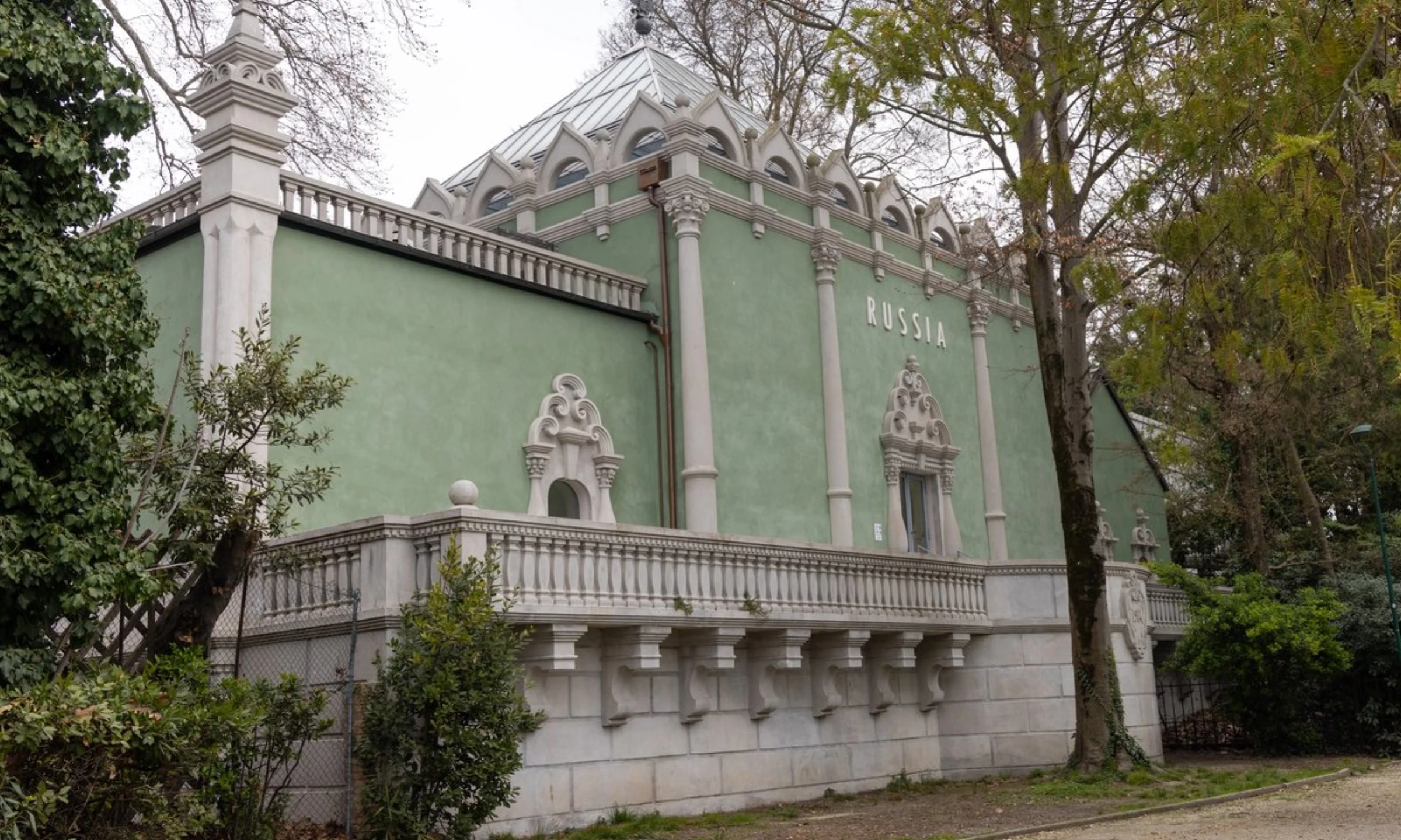 Exterior view of the Russian Pavilion in Venice Biennale gardens