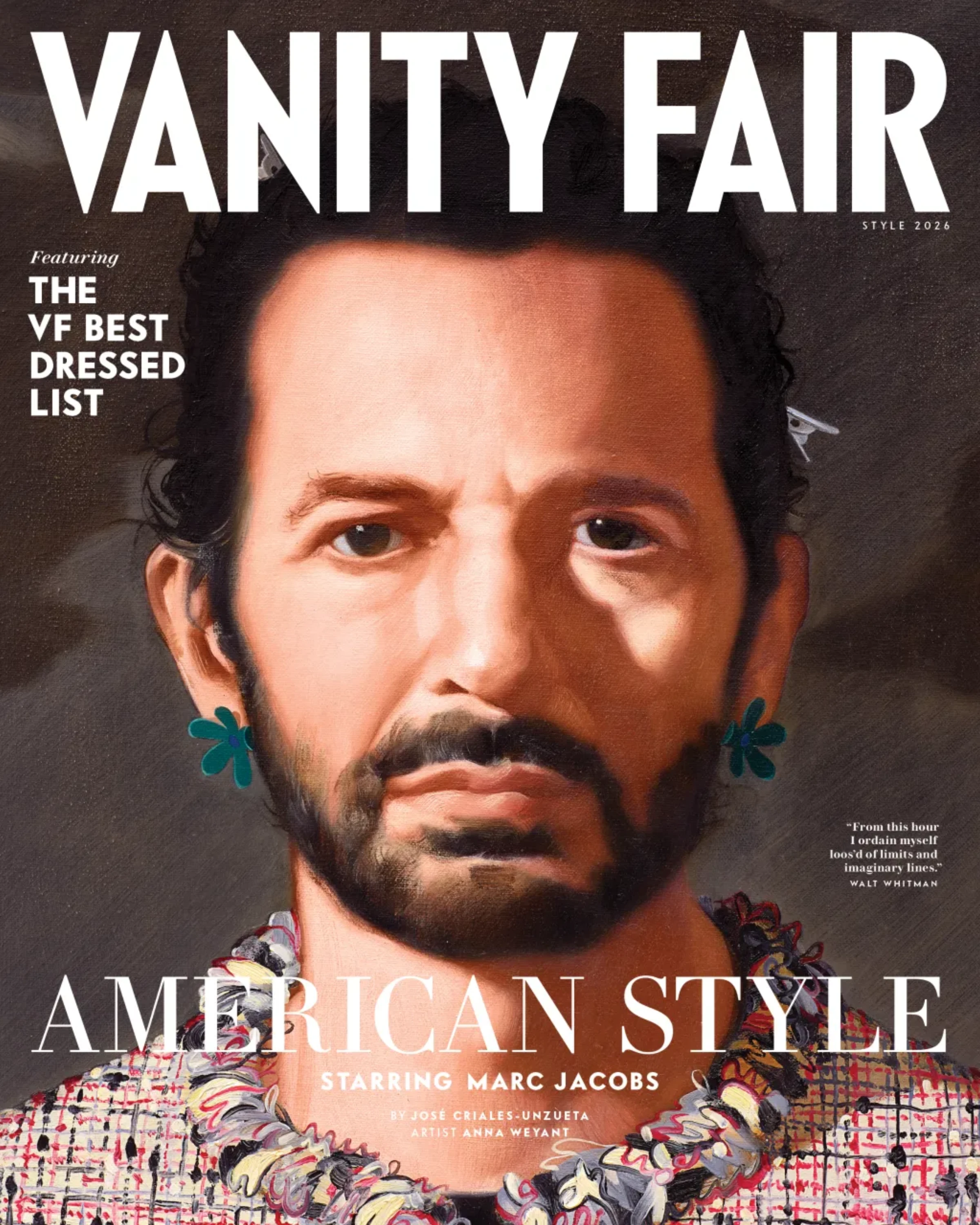 Anna Weyant's painted portrait of Marc Jacobs on the cover of Vanity Fair's 2026 Style issue, showing Jacobs with teal flower earrings and a ruffled Chanel collar against a dark background