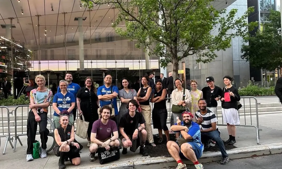 Whitney Museum Union members rally outside the Whitney Museum during the 2026 gala in New York